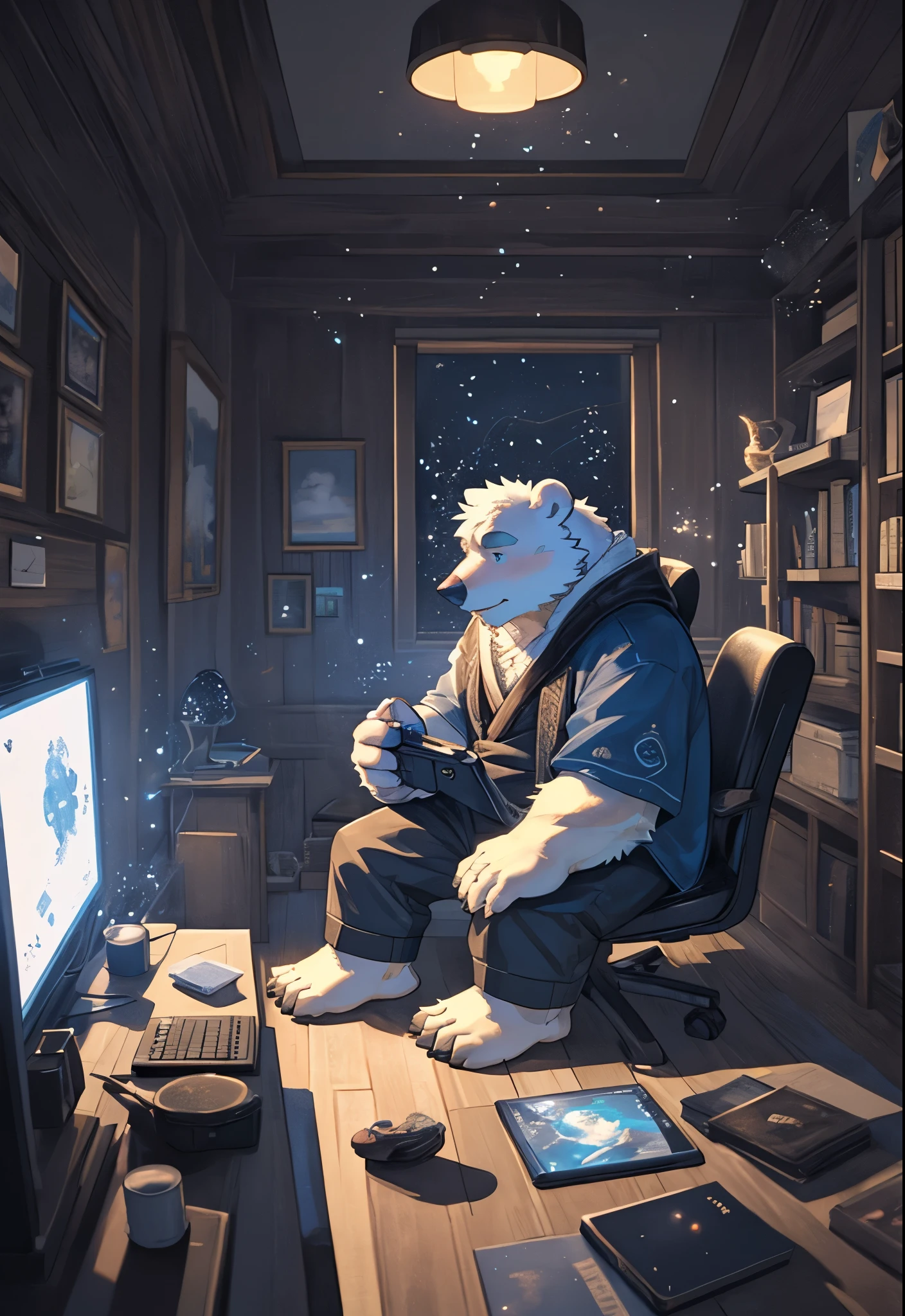 solo, kemono, (polar bear), anthro, male, ((white body) ), fur, tail, chibi, handsome, gaming, moden, fantasy, room, gaming setup, sitting, epic, perfect lighting, (light particles),(best quality),(masterpiece),(ultra detailed),sharp focus,light particles