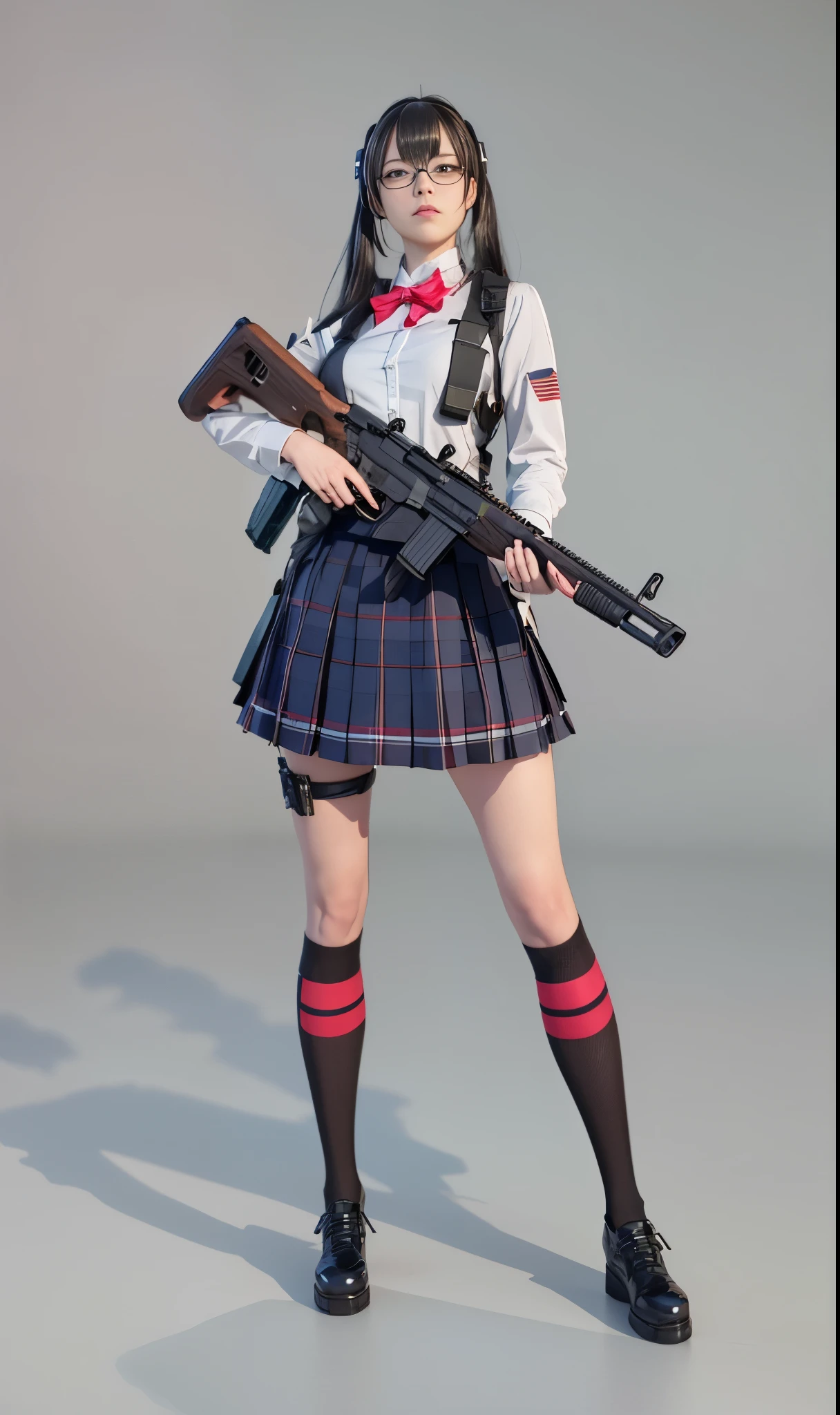 Anime girl with gun and skirt, a surreal schoolgirl, realistic schoolgirl, surreal , m4 sopmod ii girls frontline, April rendering, render of a cute 3d anime girl, Realistic anime girl rendering, In-game graphics, Haruya Yayoi, Qingfu, Headquarters rendering, Bring rifle, 3d anime girl