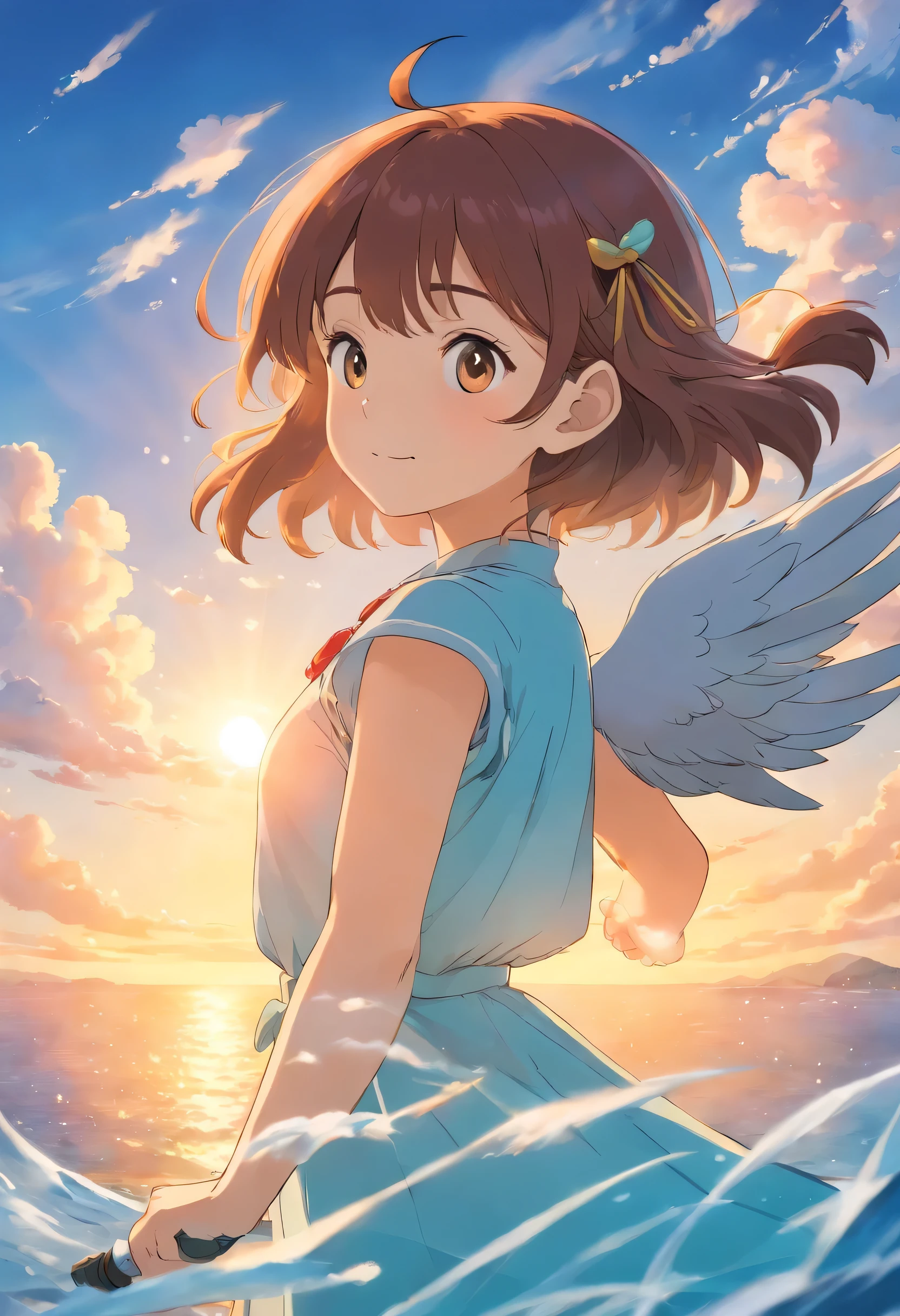 Masterpiece、top quality、movie stills、1 girl in、Ama diver、floating in the sky、close up、glow、happiness、Warm and soft lighting、morning sun、(spark:0.7)