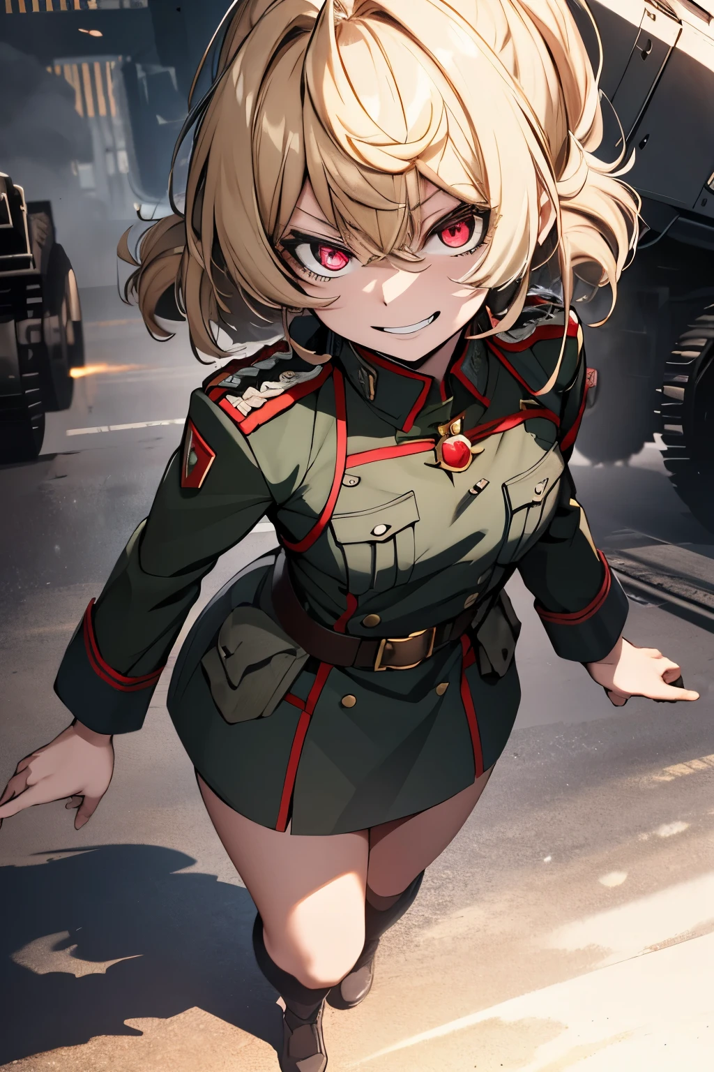 (masterpiece, best quality: 1.1), 1girl solo, tanya, 1girl, solo, , flat chest, small breasts, curvy, military, military uniform, ,, evil smile, wicked expression, anger, red eyes, neutral lighting