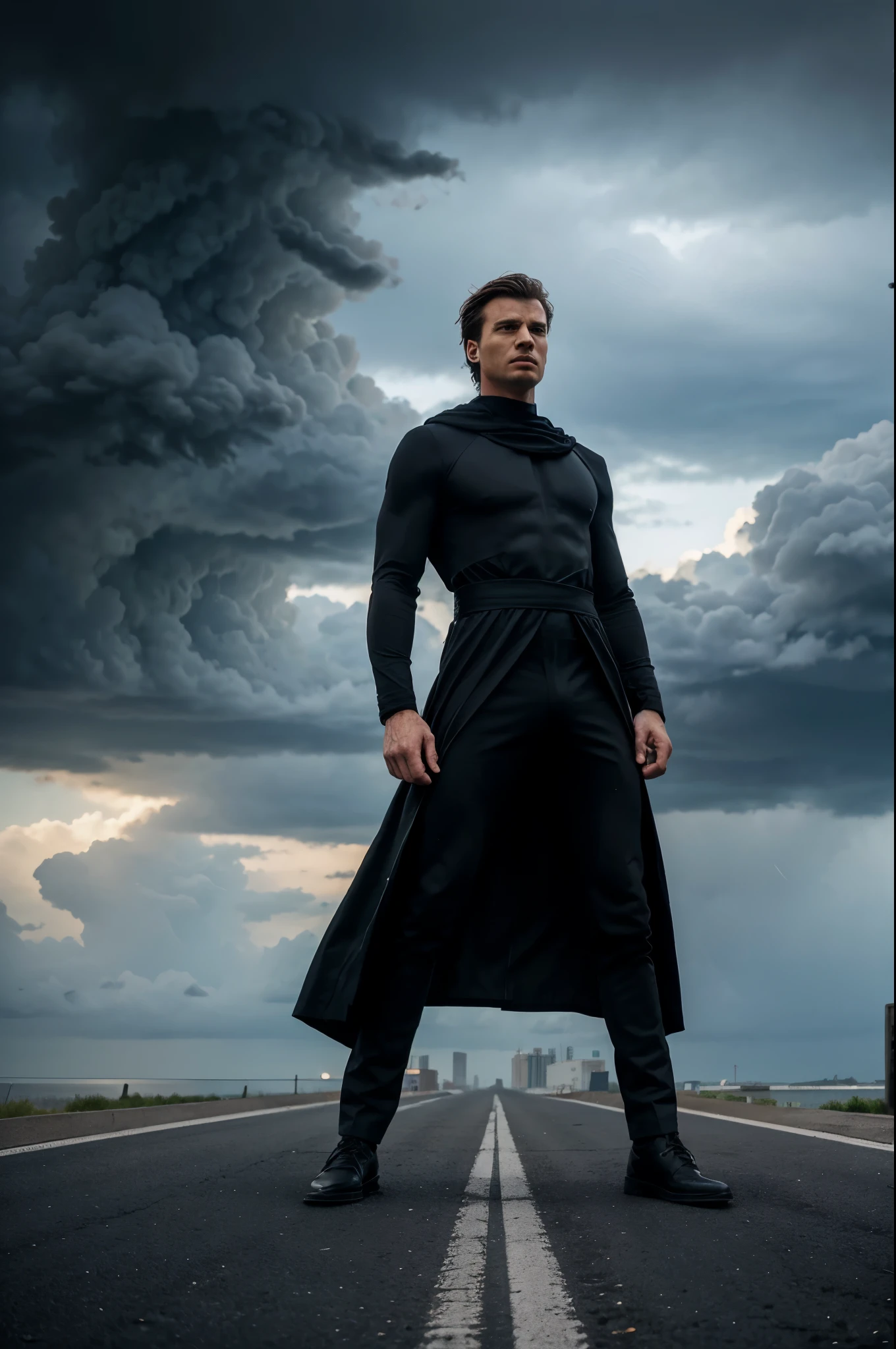 Standing in the middle of a road. Tall buildings towards his left and right down to the buildings cars were parked. He wore a simple dress and he is tall and lean. Sky is filled with black clouds because of stormy weather. A black mist surrounding his body and covers his total body like a suit. He controls the black mist by his fist. His Hair floats in air because of wind. He looks heroic like a superhero 