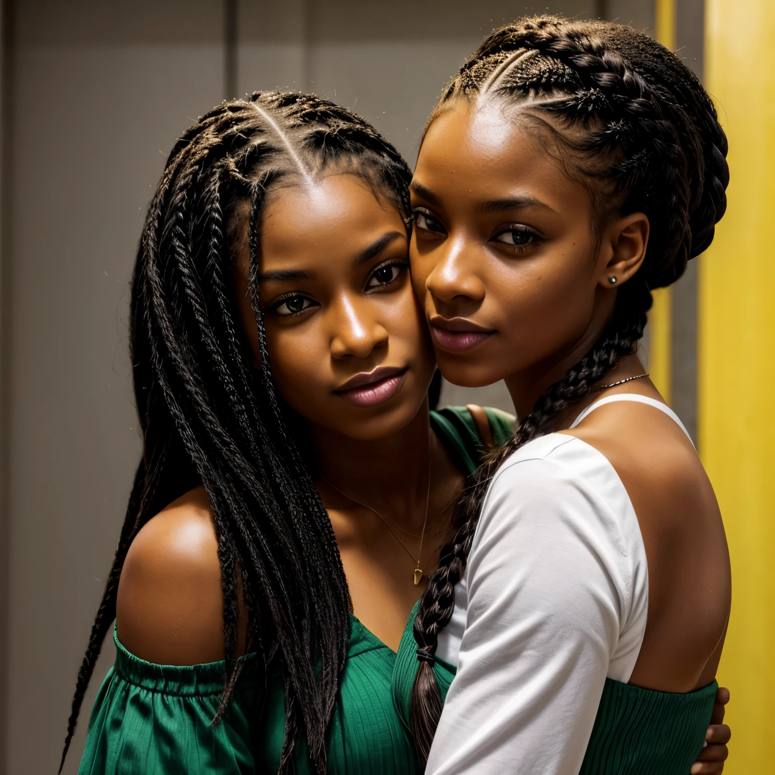 1 garota 18 anos, cropped laranja, cabelo castanho, Pele negra, double braids, olhos verdes claros, com uma negra, de cabelo cacheado, de 3 anos, hugging