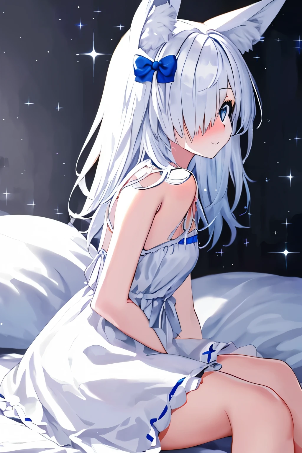 1girl, fox ears, blue eyes, white hair, hair over one eye, from side, pov, sitting, bed sheet, light, nose blush, light smile, white dress, blue bow, sparkle,