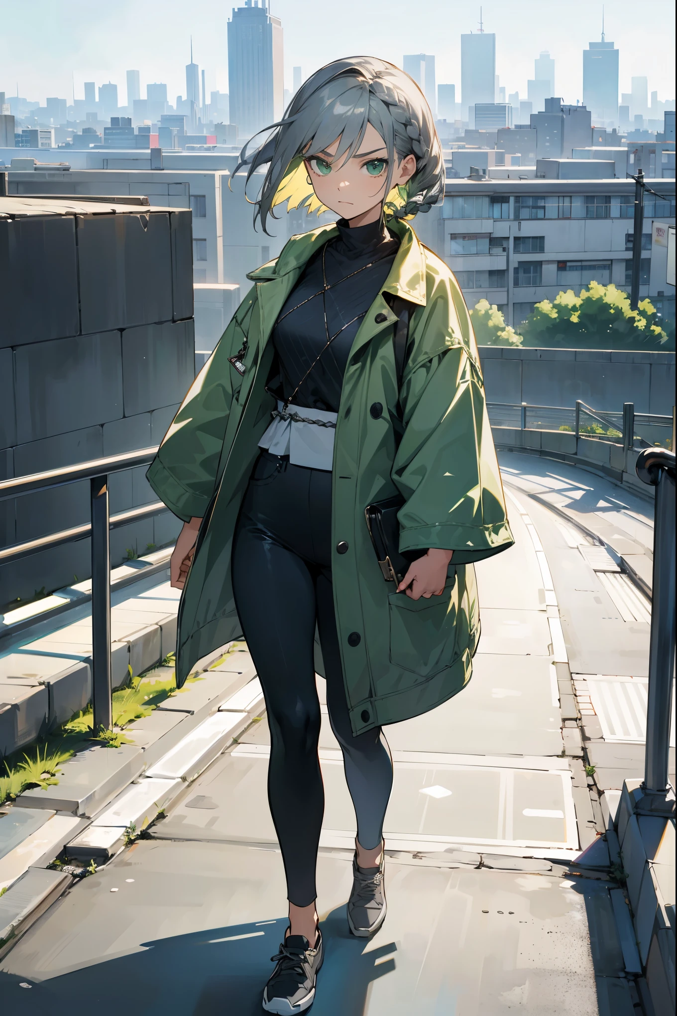 1female, dark silver hair, green eyes, short braided hair, casual modern clothing, (((city background))), serious expression, walking on path