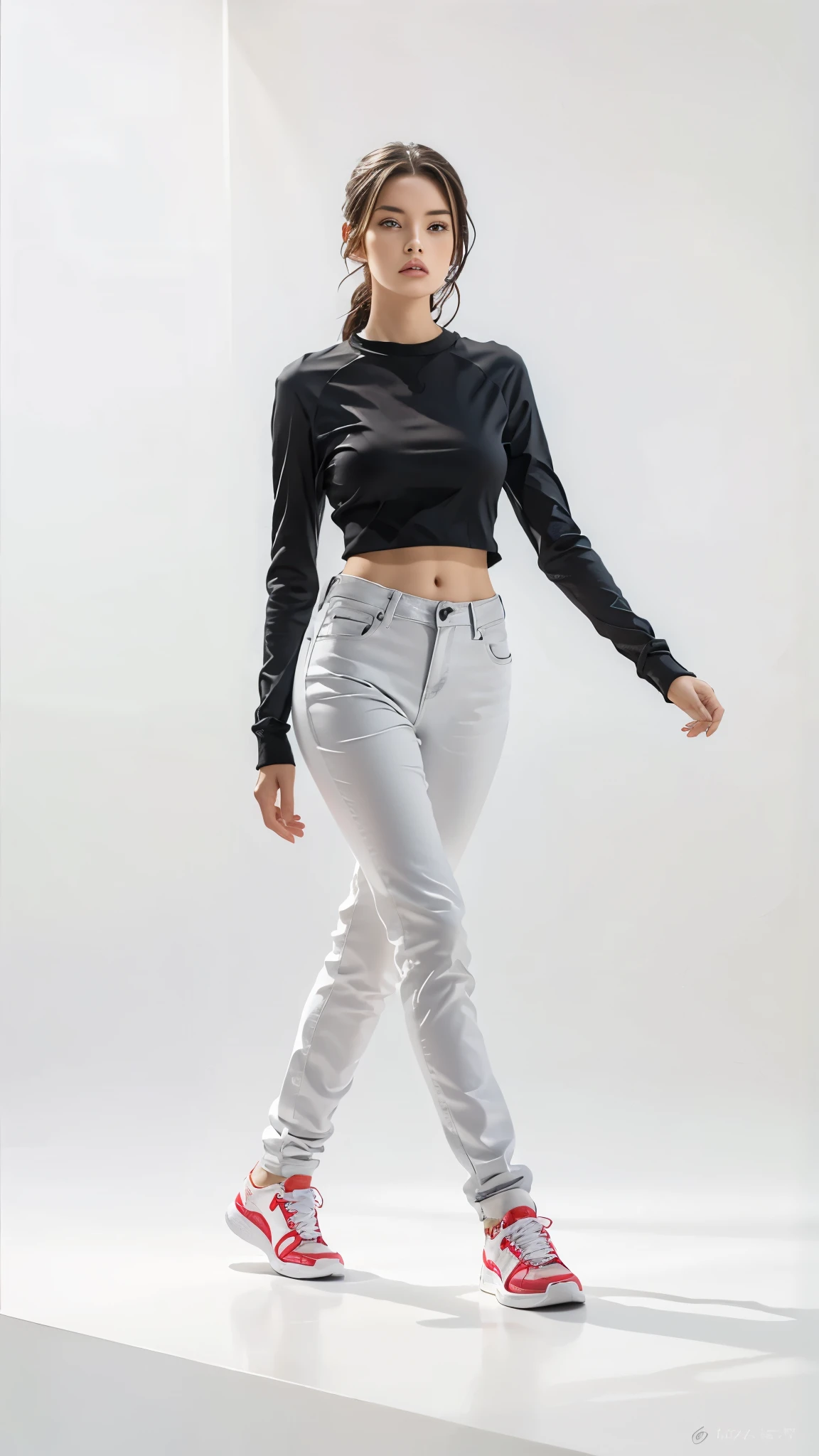 16K, Masterpiece, photorealism, A girl walks to her full height, a girl with dark long hair, a girl dressed in a white top, light jeans, white sneakers, white background,
