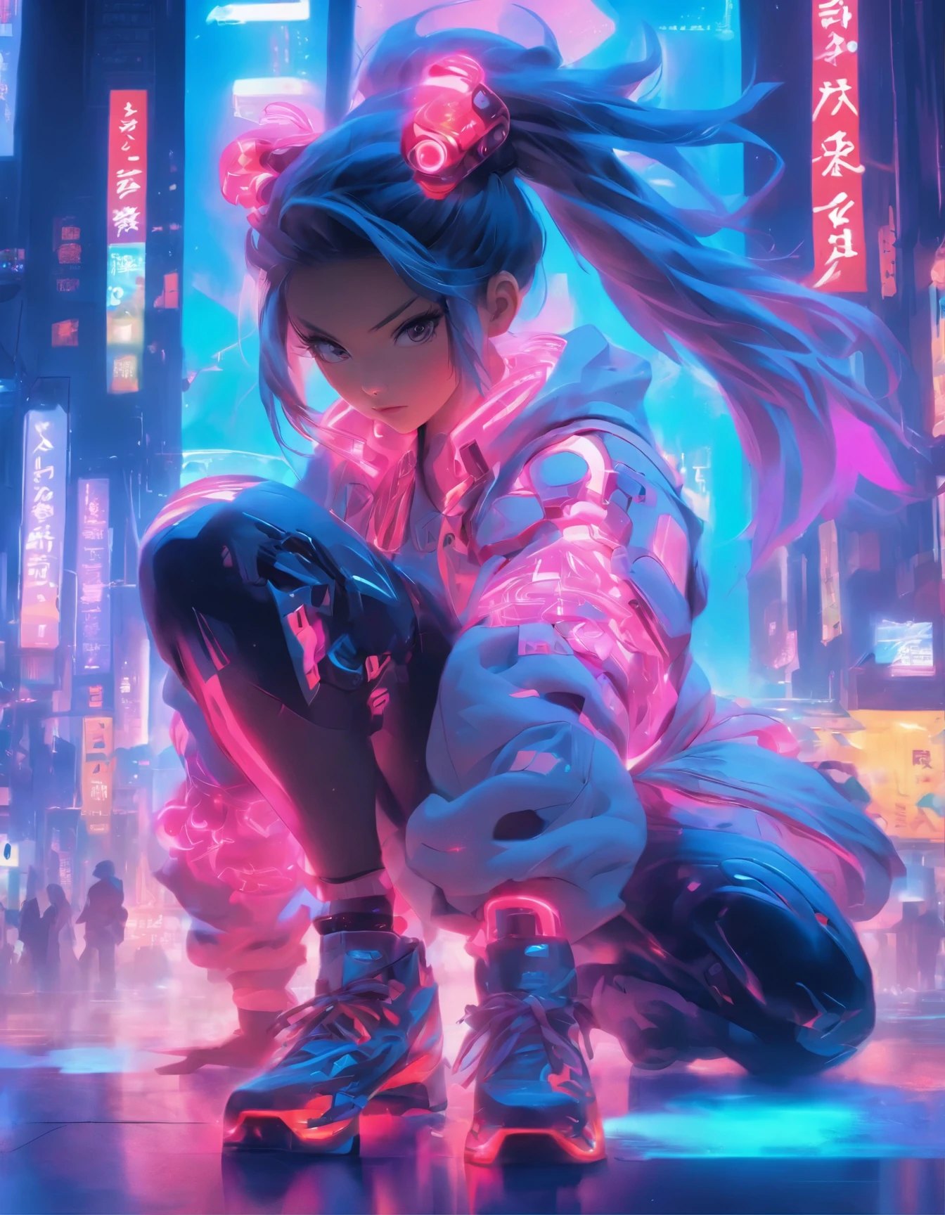 (best quality:1.3),(masterpiece:1.2),16k,level picture quality,future technology,1girl,A Chinese kung fu girl wearing a cyberpunk-style mecha costume,dynamic poses,(glowing electronic screen),(Electronic information flow:1.3),Holographic projection,(Glowing electronic screen on arm:1.2),whole body多线条光条,Luminous text on thigh,(girl pose:1.2),Glowing electronic shoes,whole body,Colored smoke,City blocks,skyscraper,neon lights,