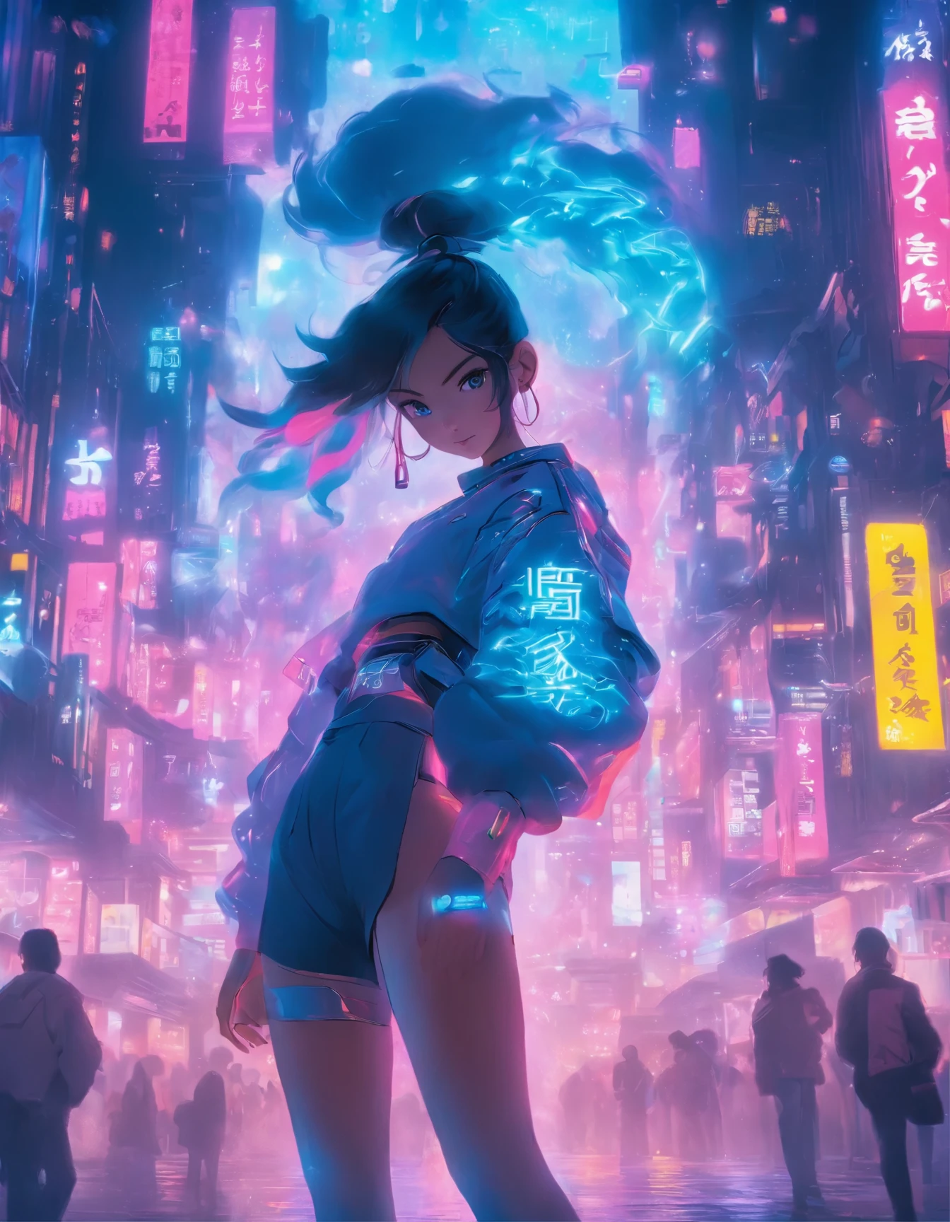 (best quality:1.3),(masterpiece:1.2),16k,level picture quality,future technology,1girl,A Chinese kung fu girl wearing a cyberpunk-style mecha costume,dynamic poses,(glowing electronic screen),(Electronic information flow:1.3),Holographic projection,(Glowing electronic screen on arm:1.2),whole body多线条光条,Luminous text on thigh,(girl pose:1.2),Glowing electronic shoes,whole body,Colored smoke,City blocks,skyscraper,neon lights,