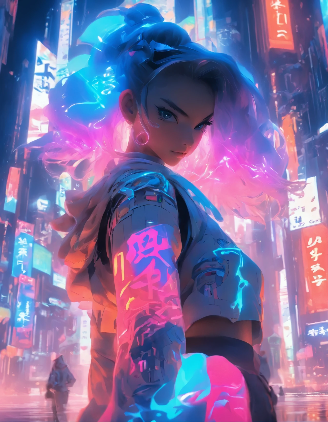 (best quality:1.3),(masterpiece:1.2),16k,level picture quality,future technology,1girl,A Chinese kung fu girl wearing a cyberpunk-style mecha costume,dynamic poses,(glowing electronic screen),(Electronic information flow:1.3),Holographic projection,(Glowing electronic screen on arm:1.2),whole body多线条光条,Luminous text on thigh,(girl pose:1.2),Glowing electronic shoes,whole body,Colored smoke,City blocks,skyscraper,neon lights,