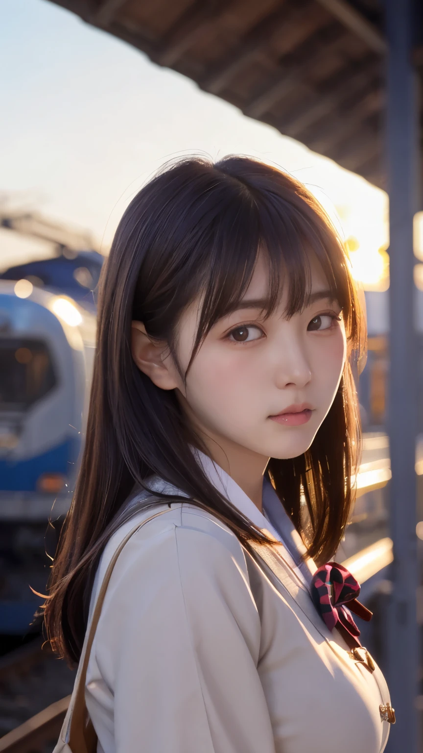 (masterpiece:1.2, highest quality), bokeh, 1 high school girl, 
(Japanese idle:1.6), Plump breast, Blushed face, Looking at the viewer, standing at the train railway, high school uniform:1.6), sundown, Close up, 
