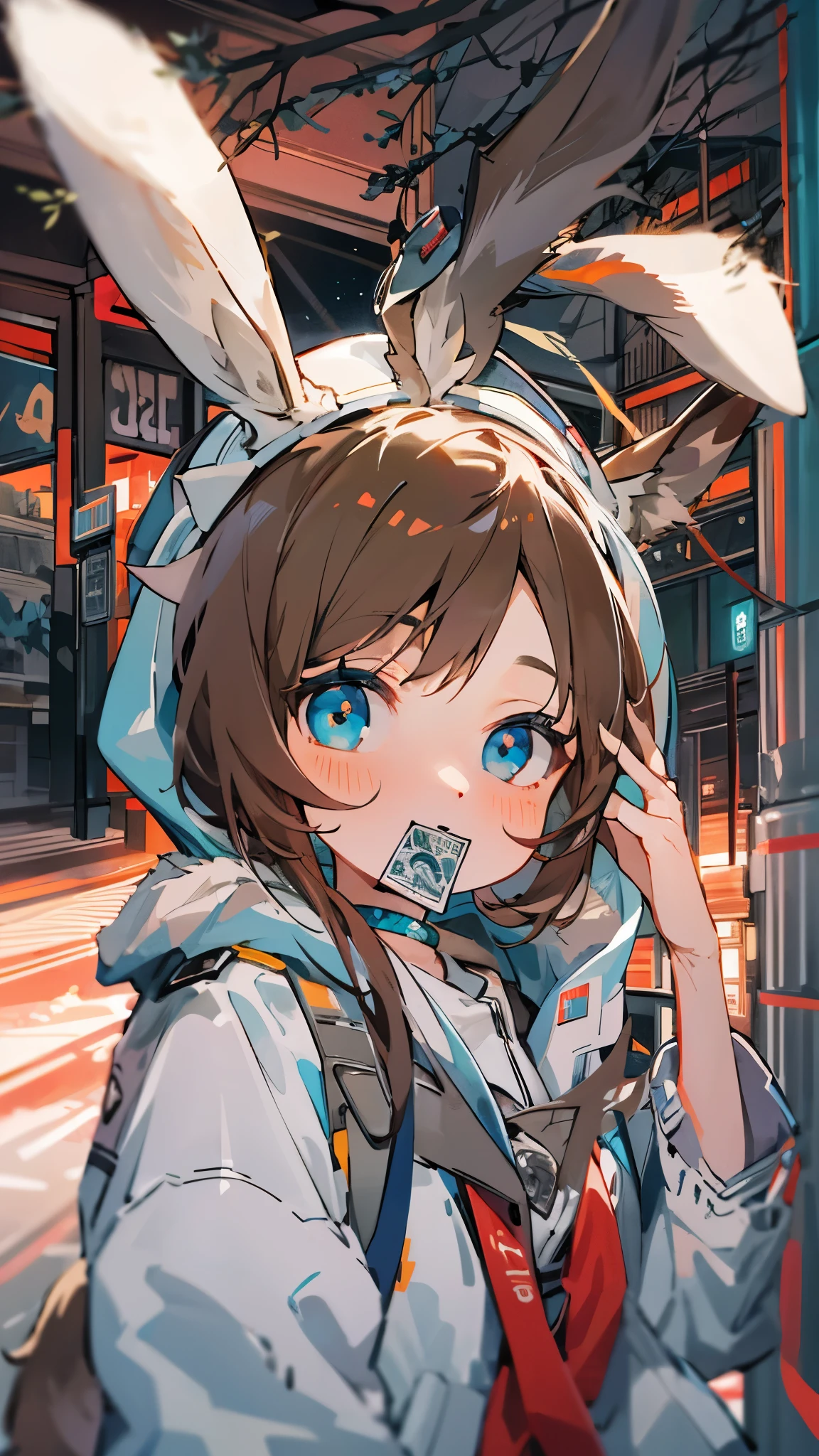 1 girl, animal ears, Rabbit ears, direct, Half body, view from below,looking at the audience, brown hair, ponytail,  Poker face, badge, Bangs, blue baseball cap, delicate eyes, clothes writing, White clothes, hood, hood down, Permanently installed, long sleeves, Keep your mouth shut, (blue skirt:1.05), Light red:0.9), bare tree, building, City, Cityscape, sky, Outdoor activities,  street, tree