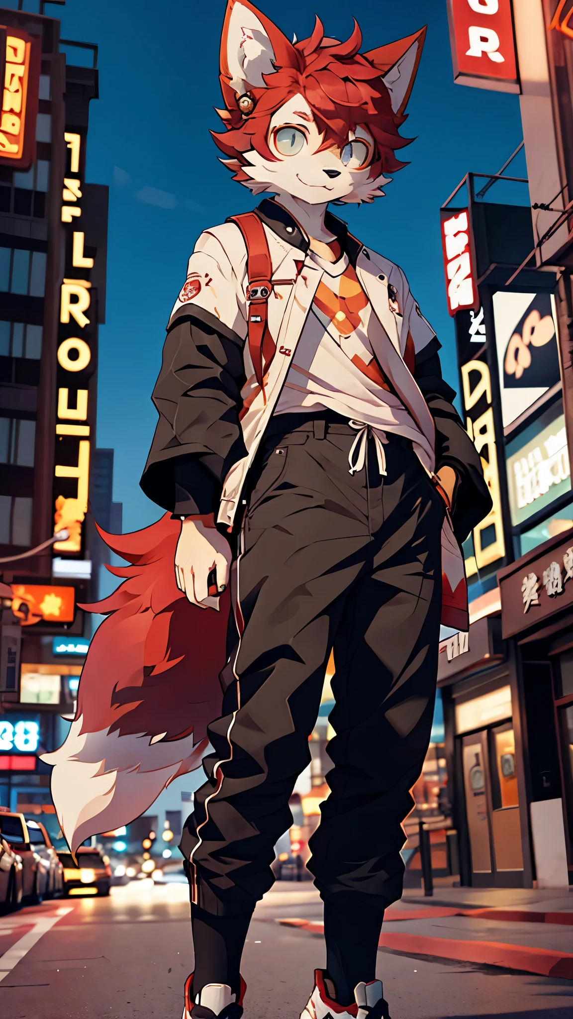 Eyes are bright,hairy的,hairy的,Character half-length photo,Q version,Avatar frame, Character focus,solo, hairy, hairy的 fox, White fur for women, squinting,有paw的paw,paw,Red hair, style,Little cute, Acting cute,White T blood,black trousers,City