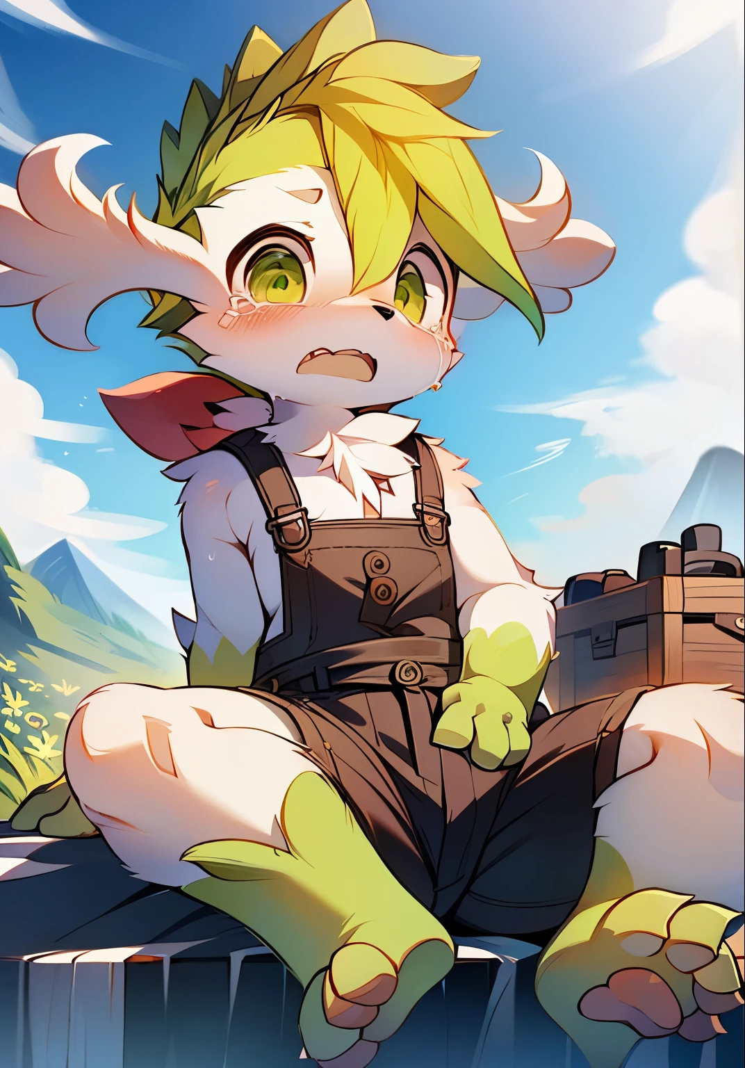 masterpiece,high quality,abstract research,number\(artwork\), yupa, Kiyoyama,(Hana Charcoalo,fluffy fur,Character focus:1.1),Hana Charcoalo male cat,short hair,portrait , eyes are very bright, panoramic, Character focus.(Detailed background:0.7), alone, hairy, hairy male, Shaymin，Sky forme Shaymin，male focus, juvenile，Shota，**********，Hana Charcoal,(全身hairy的, hairy的尾巴, white fur, green eyes, big ear，green hair，Green paws，green feet:1.2), (canine、overalls shorts：1.2），（External、noon、flower field：1.1）Mountains and fields，albani flower，lederhosen, Lovely，red scarf，sit on the floor, crying with tears, sad