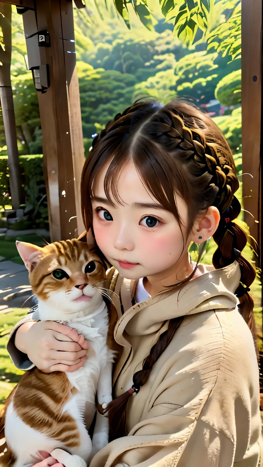 (((Girl playing with cat)))、A free-spirited cat and a dignified girl、one cute girl、Braids bundled into one、french braid、small nose、plump lips、carefully drawn hair、detailed eyes、Play with the cat at home:1.2、sorry cat:1.5、A girl who wants to be cared for、Calico cat and girl in jersey:1.3、Natural light, (very detailed, intricate details), sharp focus, calm colors, 8k, confused, 8mm film grain