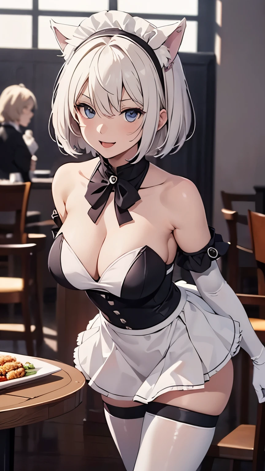 table top　High level image quality　best image quality　8k　 lady（I）　portrait　white long gloves（elbow gloves）　white pantyhose（（blanche））　maid（（Tube top）blanche））　wolf ears　short hair（（shortcut）（gray hair）（perm）（fluffy））　eye color is blue　laughter　With background（Hotel）　dance