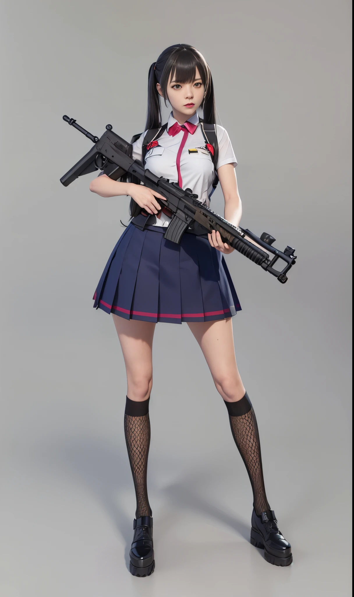 Double tail，Anime girl with gun and skirt, a surreal schoolgirl, realistic schoolgirl, surreal , m4 sopmod ii girls frontline, April rendering, render of a cute 3d anime girl, Realistic anime girl rendering, In-game graphics, Haruya Yayoi, Qingfu, Headquarters rendering, Bring rifle, 3d anime girl