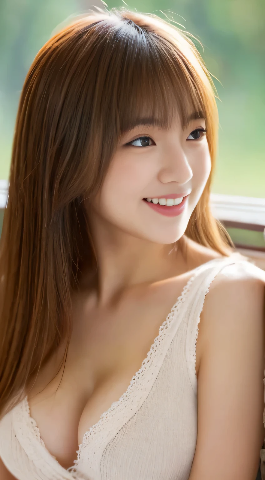 Japanese ),((beautiful girl)),cleavage,An expression that imagines something pleasant:1.2,(perfect body beauty:1.2),((perfect body)),(shy smile),beautiful teeth,