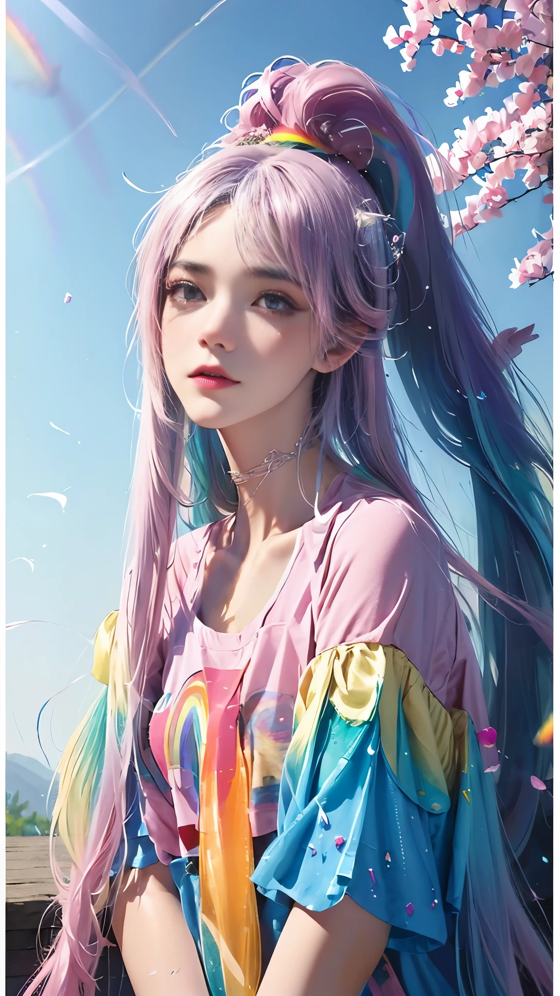 (Pink fashion T-shirt: 1.9), (Colorful hair: 1.8), (All colors of the rainbow: 1.8), (((Vertical paintinging: 1.6))), (paintinging: 1.6), front, comics, illustration, paintinging, big eyes, crystal clear, (Rainbow gradient high ponytail: 1.7), Exquisite makeup, shut up, (Little fresh: 1.5), (Bando: 1.6), long eyelashes, White off-shoulder T-shirt, white shoulder shirt, looking at the audience, 水汪汪的big eyes, (rainbow hair: 1.6), 色彩飞splash, (alone:1.8), 色彩飞splash, color explosion, 颜色飞splash, color explosion, 厚漆wind格, messy lines, ((Shiny)), (rich and colorful), (rich and colorful), (rich and colorful), rich and colorful, Thick painting Style, (splash) (Color splash), Vertical paintinging, Upper body, painting splash, acrylic paint, slope, painting, Highest image quality, masterpiece, alone, depth of field, Face painting, rich and colorful clothes, (grace: 1.2), Gorgeous, long hair, wind, (grace: 1.3), (petal: 1.4), ((masterpiece))), ((best quality))), (Super detailed), (illustration), (dynamic angle), (floating), (painting), ((loose hair)), (alone), (1 girl), ( ( ( Detailed anima face))), (( Beautiful and delicate face)), collar, bare shoulders, white hair, ((colored hair)), ((striped hair)), Beautiful and delicate eyes, (Gradient eye), (colored eyes))), (Colorful background))), (high saturation))), ((surrounded by rich and colorful splashes))),