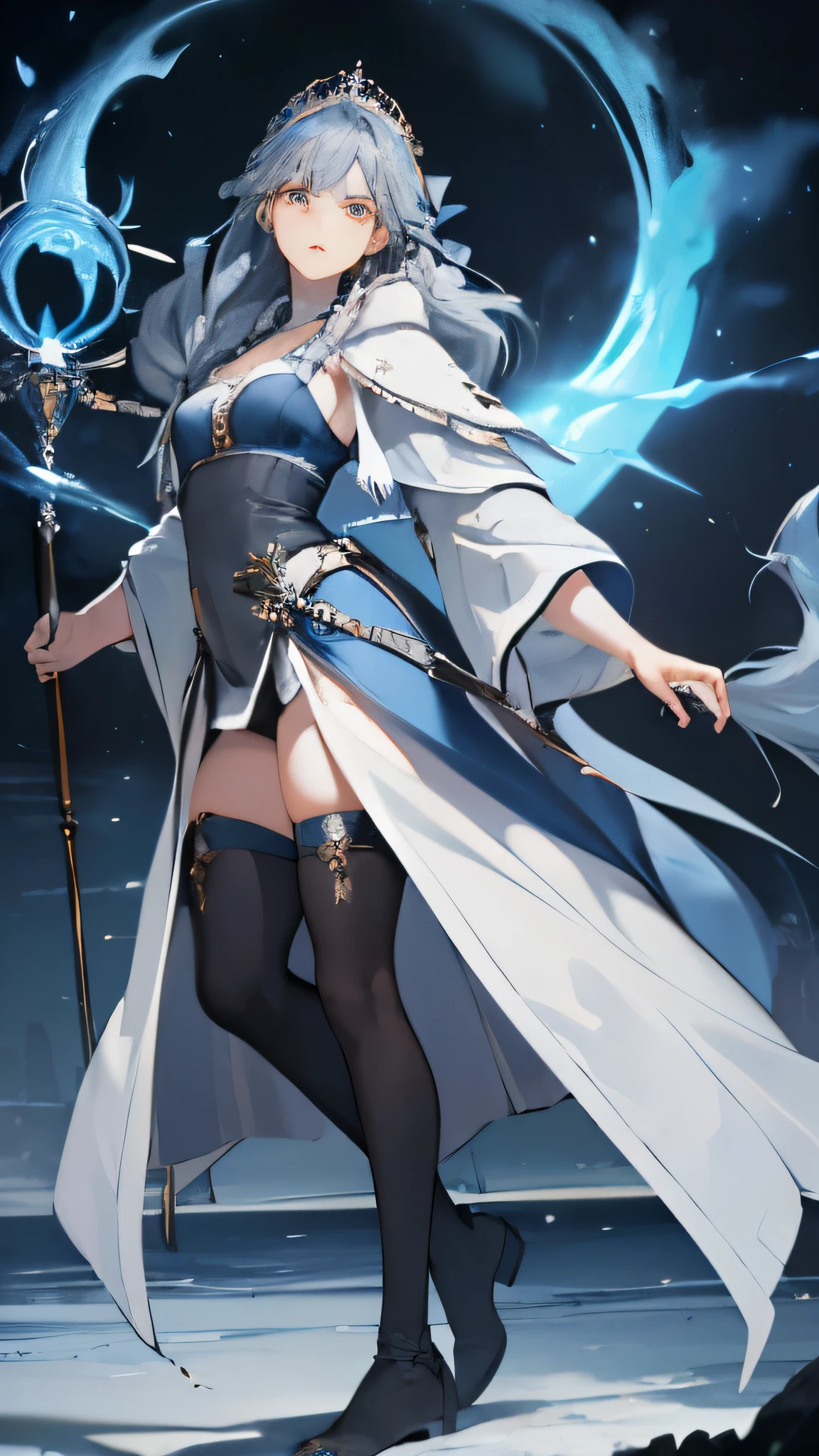 masterpiece, super detailed, 8K portrait, RAW photo, portrait photography, highly detailed face, beautiful and detailed eyes, ((fantasy)), young and beautiful, 22 years ago, dynamic pose, (((No expression))), (((Blue-gray hair))), ((One side is braided with an orange hair ribbon))), dull bangs, white skin color, ((silver tiara)), luxury, (((silver silk long cloak))), (((Gorgeous deep blue long gloves))), (((dark thigh high tights))), High Cut Leather Boots, ((Lift a long magic wand)), midday sun, surreal, body model, small breasts, beautiful breasts, long legs, inside the castle, environmental lighting, shadow details , Focus the camera on the thigh, strong wind, light fog