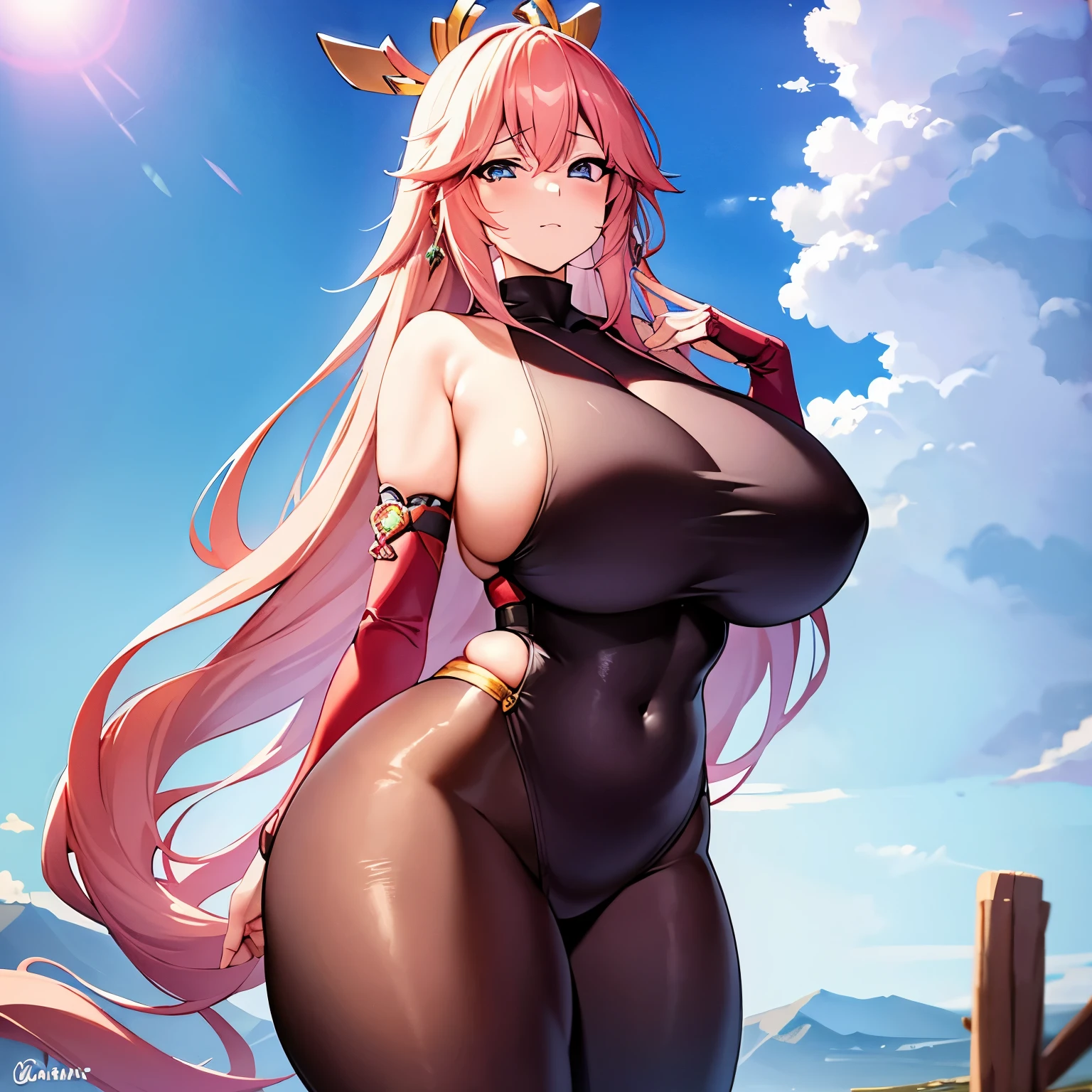 ((extreme detail)),(ultra-detailed), extremely detailed CG unity 8k wallpaper, best quality, Yae_Miko_Genshin_Impact, bodysuit, posing, cowboy shot, lens flare. Girl with thick fat chunky physique. Her height is around 5 feet 2 inches (157 cm), with a huge mommy body. Her skin tone is fair and smooth, giving her an older appearance. In terms of facial features, Hinata has a soft and gentle countenance. She has a slim nose, and her lips are naturally pink and slightly full. Her eyebrows are well-shaped and neatly arched, framing her eyes beautifully. Her  are huge and well-shaped. they are massive and u can see a nipple outline Overall, Hinata's appearance is characterized by her serene and kind expression, representing her gentle nature. A sexy girl with huge  and a thick body is wearing a body-tight suit where you can see all of her curves and nipple outline white hair. She is thick busty fat and has huge  her suit is very very tight and covers her whole body you can see all of her curves and body. Full body suit very tight you can see her full body