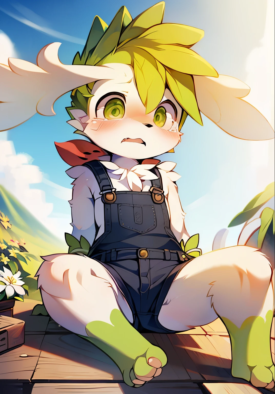 masterpiece,high quality,abstract research,number\(artwork\), yupa, Kiyoyama,(Hana Charcoalo,fluffy fur,Character focus:1.1),Hana Charcoalo male cat,short hair,portrait , eyes are very bright, panoramic, Character focus.(Detailed background:0.7), alone, hairy, hairy male, Shaymin，Sky forme Shaymin，male focus, juvenile，Shota，**********，Hana Charcoal,(全身hairy的, hairy的尾巴, white fur, green eyes, big ear，green hair，Green paws，green feet:1.2), (canine、overalls shorts：1.2），（External、noon、flower field：1.1）Mountains and fields，albani flower，lederhosen, Lovely，red scarf，sit on the floor, crying with tears, sad