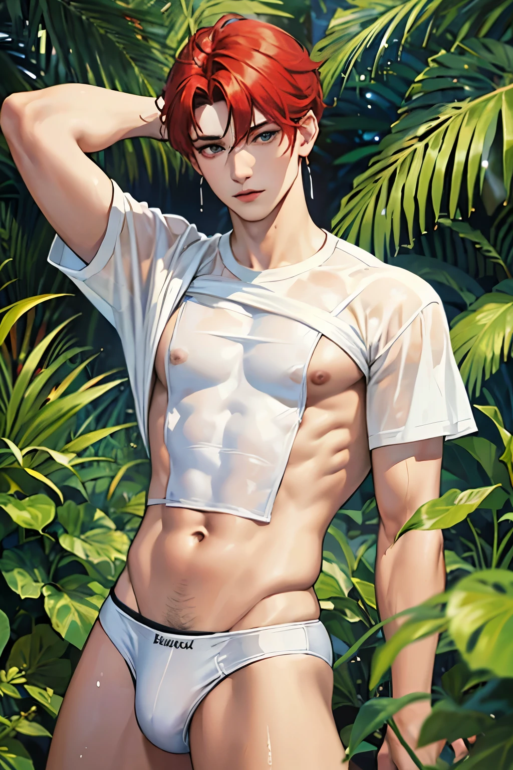 Un hombre duende, cuerpo muy delgado, (((Solo)))), (duende, 25 years old, alto, delgado, cuerpo alargado, cabello pelirrojo corto, con rizos. pale skin, androgenic traits), (He wears a T-shirt and a tight-fitting white swimsuit and wet skin.), duende, fantasy manga, he is in a magical forest