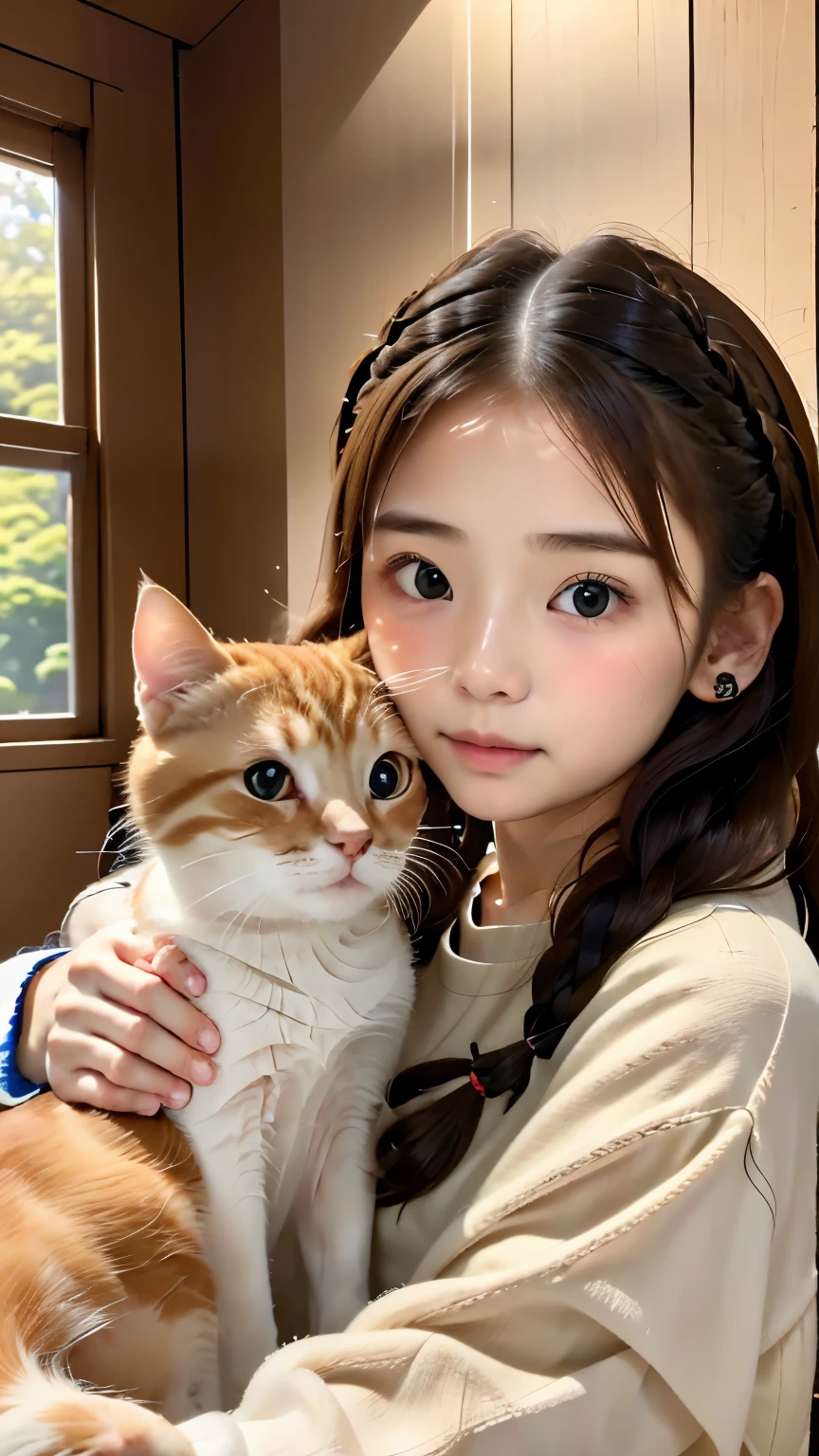 (((Girl playing with cat)))、A free-spirited cat and a dignified girl、one cute girl、Braids bundled into one:1.5、french braid、small nose、plump lips、carefully drawn hair、detailed eyes、((Play with the cat at home:1.2、sorry cat:1.5、A girl who wants to be cared for、Calico cat and girl in jersey:1.3))、Natural light, (very detailed, intricate details), sharp focus, calm colors, 8k, confused, 8mm film grain