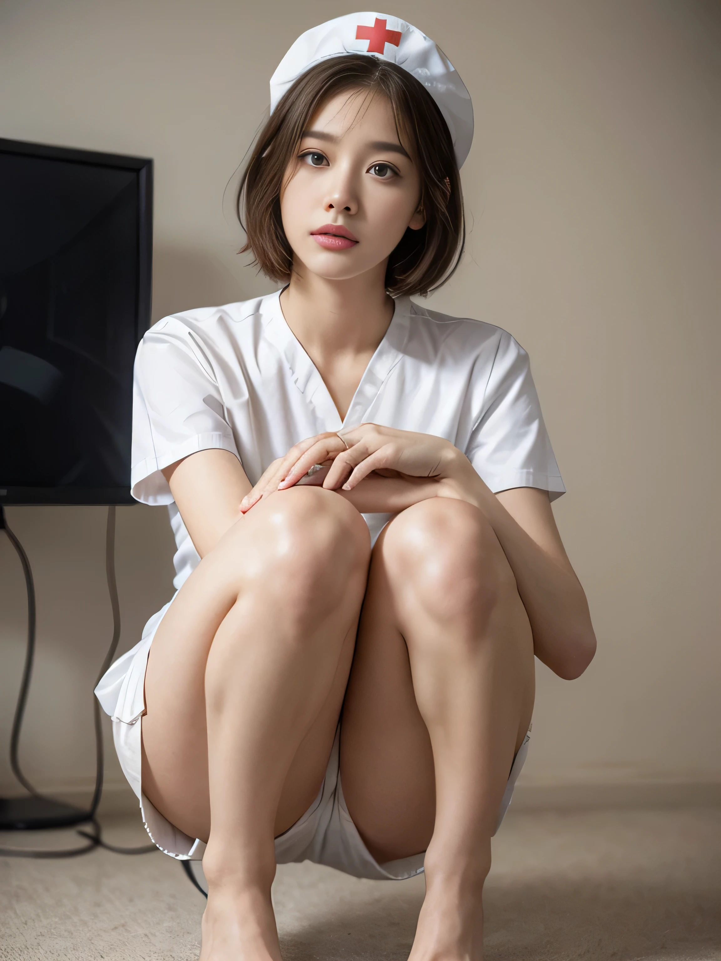 (muste piece:1.2),(8K high quality), (highest quality), (RAW image quality), (Reality), (It's photorealistic:1.37), large eyes,long eyelashes,It's exquisite(Live-action realistic style),ultimate face,Photorealistic light and shadow,clear facial features,milky white skin, high detail skin,realistic skin details,visible pores,(super detail),(short hair),best portrait,((Front shot taken from a distance)), Only one girl, cute type,beautiful detailed eyes, beautiful detailed nose, highly detailed skin) ,(Beautiful face with double eyelids), (Realism: 1.4),excellent detail, super high resolution,,,delicate and beautiful face,,25 years old,(beautiful face 1.4),slender,,((Photographed inside a hospital operating room)),, ((Wearing nurse clotheake eye contact with your audience),wearing a nurse cap,(The inside of the hospital is white.),,very beautiful feet,(squatting down)),,(Short skirt),squatting down while showing your crotch,leg spread,((Crouch in front of the viewer)),(I like to show my crotch to my viewers),squat with legs apart,(You can see her white panties when she squats down.)