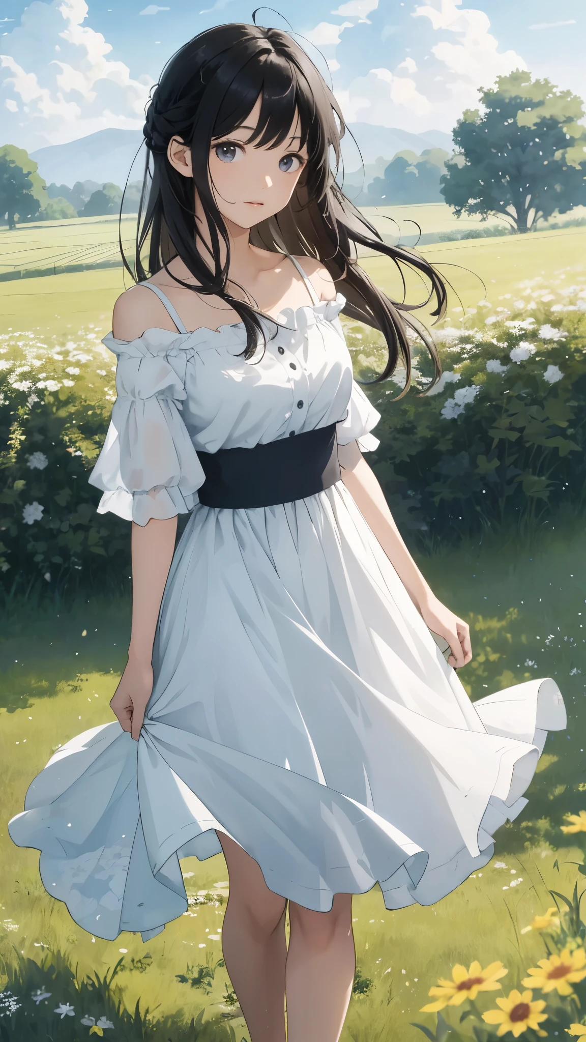 (Masterpiece, Best quality:1.6), White dress, Thighs, Beautiful girl, (Flowers, many small white petals:1.3), sonoko, Blue sky, view the viewer, Small waist, offcial art, RAW photo, unbelievable Ridiculous, facelight, Dynamic lighting, Cinematic lighting, Ultra photo realsisim, A high resolution, Photography, Sharp focus, highest details, extreme detailed details, Ultra detailed, finedetail, Extremely detailed eyes and face