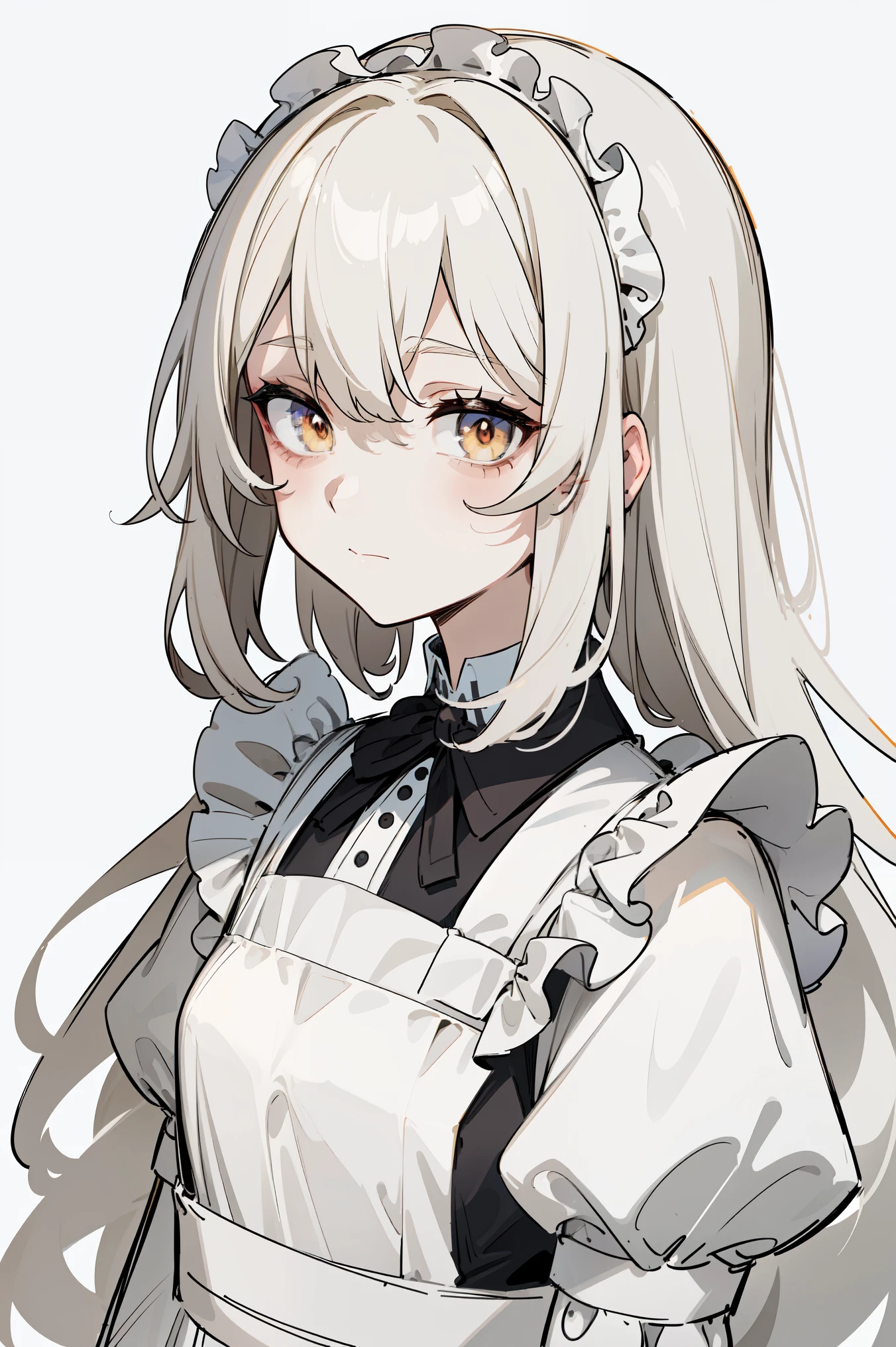(masterpiece, best quality, ultra high quality, by quan, sketch:1.1), ((portrait)), 1girl, solo, human girl, young with long hair, very long hair, gray white hair, straight hair, blunt bangs, hair between eyes, ((golden eyes, shape pupil, +pupil)), bags under eyes, small breasts, flat chest, neutral, innexpressive, small smile, :<, wearing a victorian white dress, maid, maid dress, white apron, long dress skirt, leggings, black pantyhose, upper body, standing, hands behind back, isometric lightning, white background, simple background