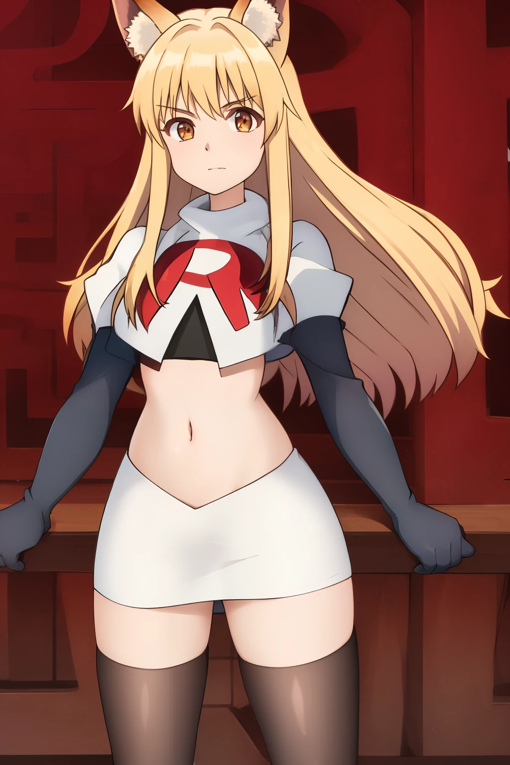 scan, (extremely detailed CG unity 8k wallpaper:1.1), (traditional media:0.9), (sketch:0.9), tracing, soft lighting, anime, (1girl), mtladymha, boku no hero academia, long hair, blonde hair, purple horns, domino mask, large breasts, purple eyes, team rocket,team rocket uniform, red letter R, white skirt,white crop top,black thigh-highs,black elbow gloves