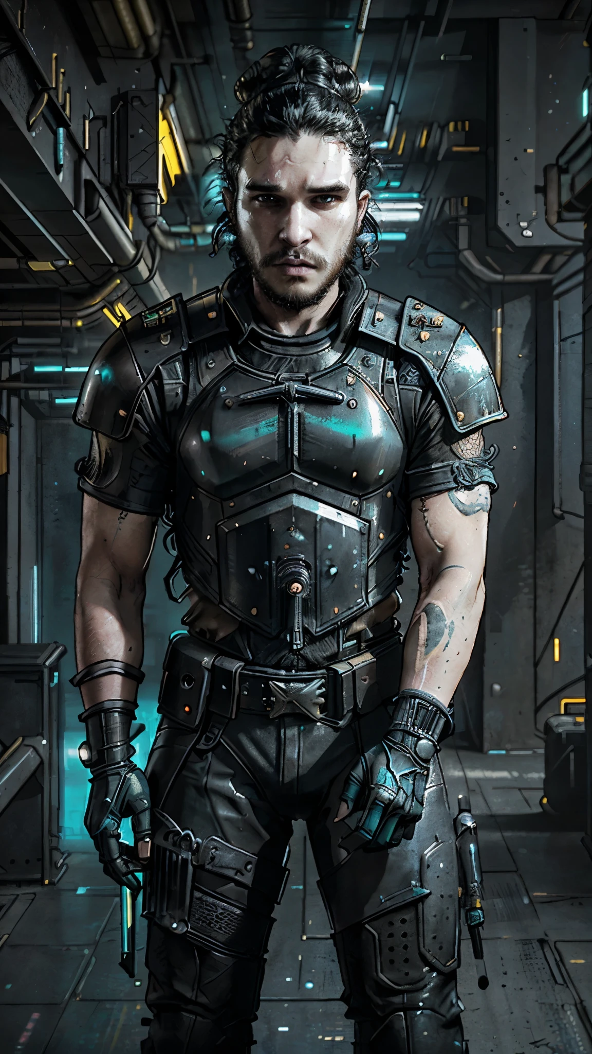 CyberpunkAI, neon, (Kit Harington) as jonsnow, ((curly black hair bun)), cyberpunk black armor, cyberpunk guns, standing in the cyberpunk barracks, 1man, solo, beautiful detailed glow, detailed, cinematic light, intricate detail, realistic, highres, detailed facial features, high detail, sharp focus, smooth, aesthetic, extremely detailed, stamp, octane render