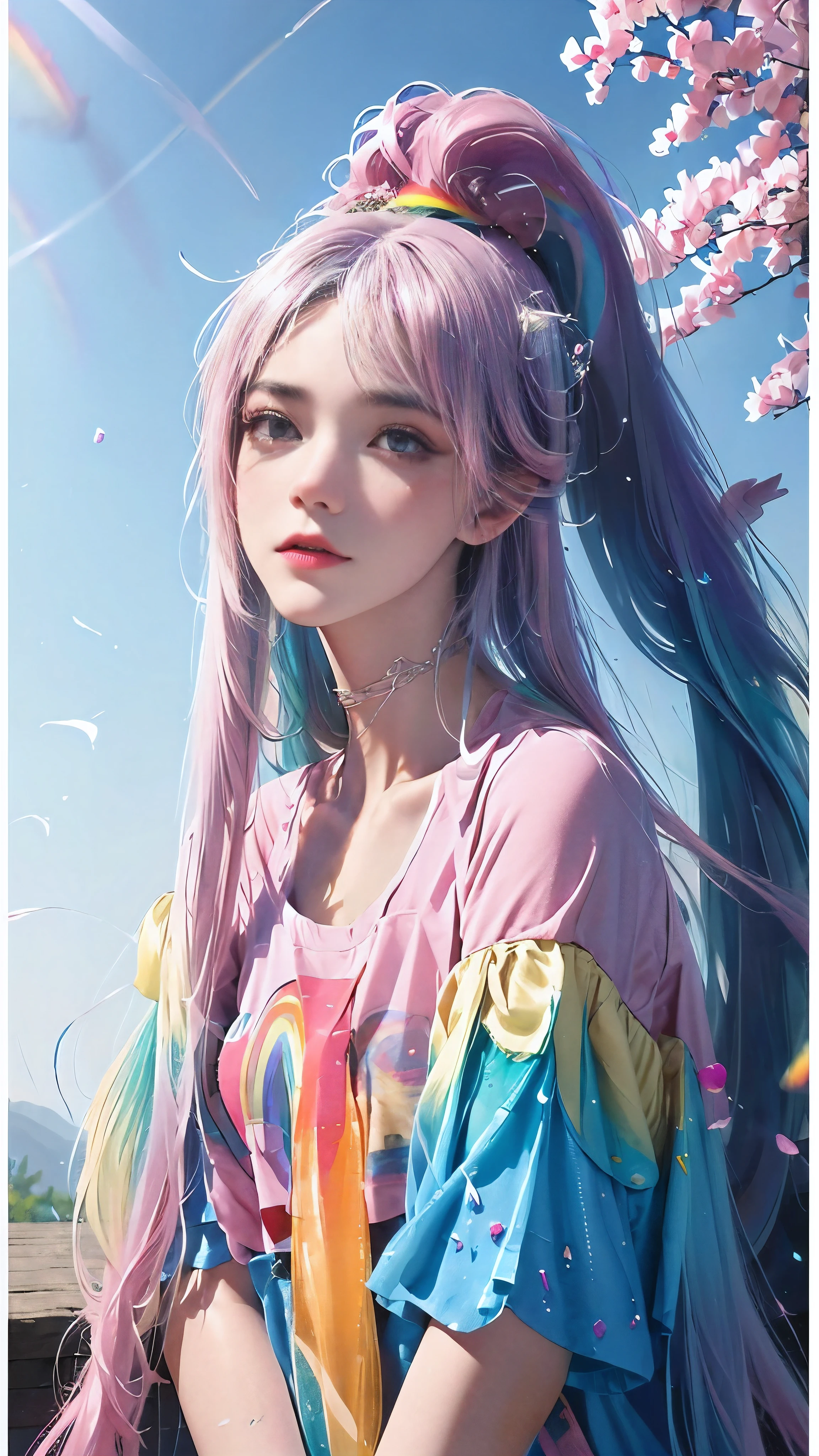 (Pink fashion T-shirt: 1.9), (Colorful hair: 1.8), (All colors of the rainbow: 1.8), (((Vertical paintinging: 1.6))), (paintinging: 1.6), front, comics, illustration, paintinging, big eyes, crystal clear, (Rainbow gradient high ponytail: 1.7), Exquisite makeup, shut up, (Little fresh: 1.5), (try: 1.6), long eyelashes, White off-shoulder T-shirt, white shoulder shirt, looking at the audience, 水汪汪的big eyes, (rainbow hair: 1.6), 色彩飞splash, (alone:1.8), 色彩飞splash, color explosion, 颜色飞splash, color explosion, 厚漆wind格, messy lines, ((shining)), (colorful), (colorful), (colorful), colorful, Thick painting Style, (splash) (Color splash), Vertical paintinging, Upper body, painting splash, acrylic paint, slope, painting, Highest image quality, masterpiece, alone, depth of field, Face painting, colorful clothes, (grace: 1.2), Gorgeous, long hair, wind, (grace: 1.3), (petal: 1.4), ((masterpiece))), ((best quality))), (super detailed), (illustration), (dynamic angle), (floating), (painting), ((loose hair)), (alone), (1 girl), ( ( ( Detailed anima face))), (( Beautiful and delicate face)), collar, bare shoulders, white hair, ((colored hair)), ((striped hair)), beautiful and delicate eyes, (gradient eye), (colored eyes))), (Colorful background))), (high saturation))), ((surrounded by colorful splashes))),