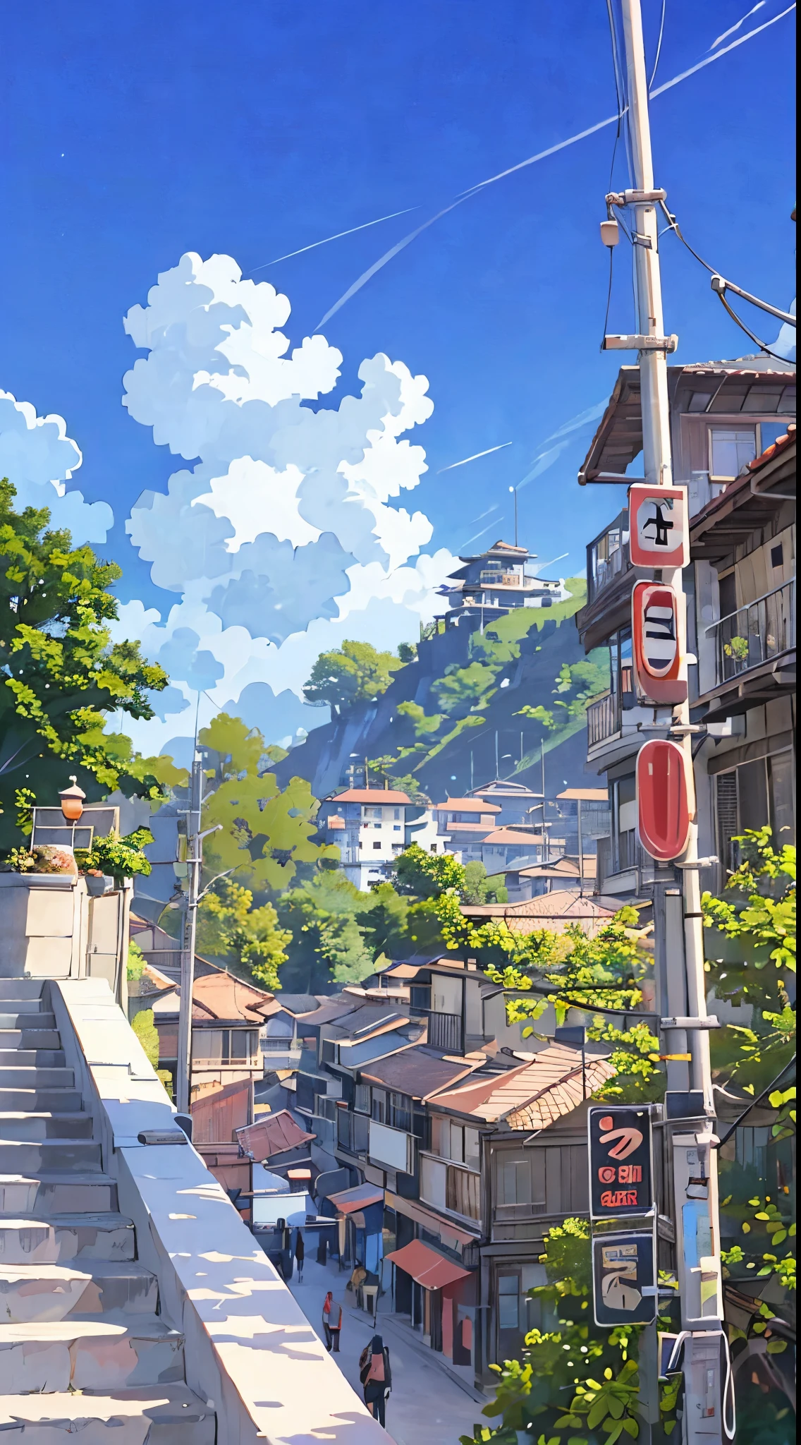 a painting of a stairway leading to a building, anime scenery, anime scenery concept art, anime. by makoto shinkai, kyoto animation, by makoto shinkai, by Makoto Shinkai, makoto shinkai. high detail, realistic - anime, style of makoto shinkai, beautiful anime scenery, makoto shinkai art style