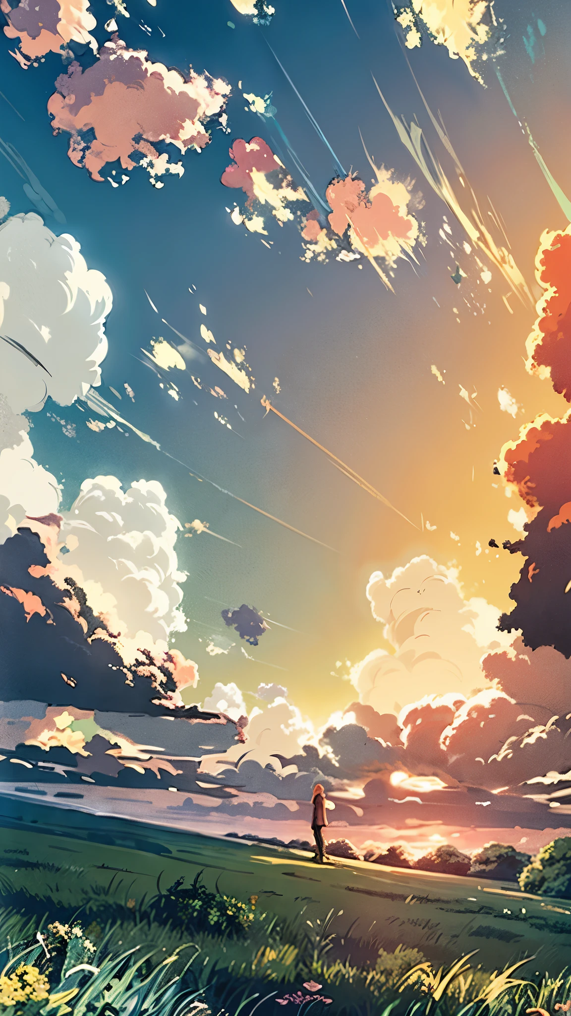 a green field with clouds and a lone person standing on the grass, beautifull puffy clouds. anime, anime countryside landscape, beautiful anime scenery, anime background, anime landscape wallpaper, anime sky, anime clouds, anime scenery, anime beautiful peace scene, anime landscape, anime background art, beautiful anime scene, anime nature wallpap, anime movie background, anime nature