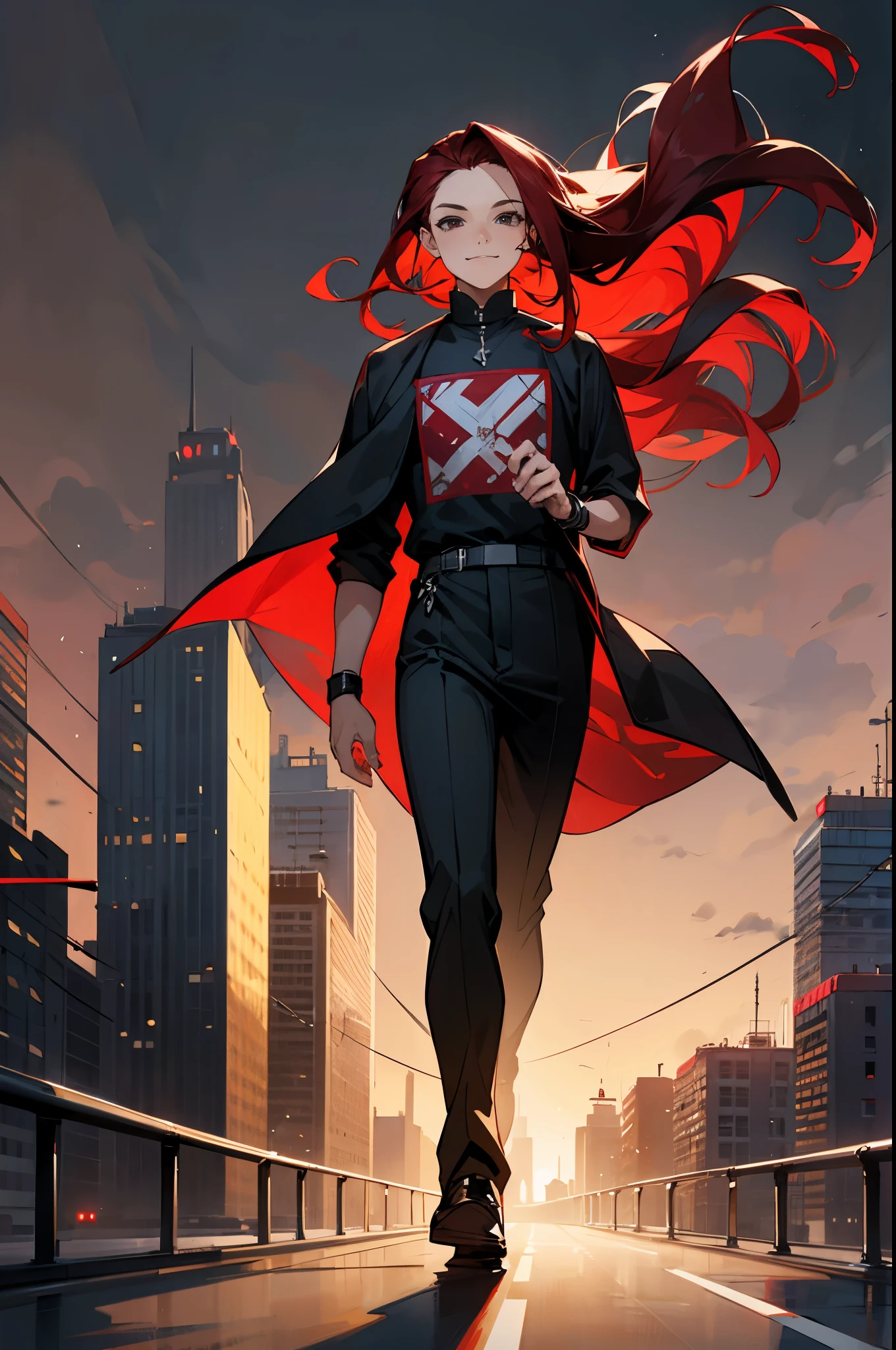 1male, dark maroon red hair, black eyes, middle part hair, curtain hair, forehead, graphic modern clothing, (((city background))), happy expression, walking on path