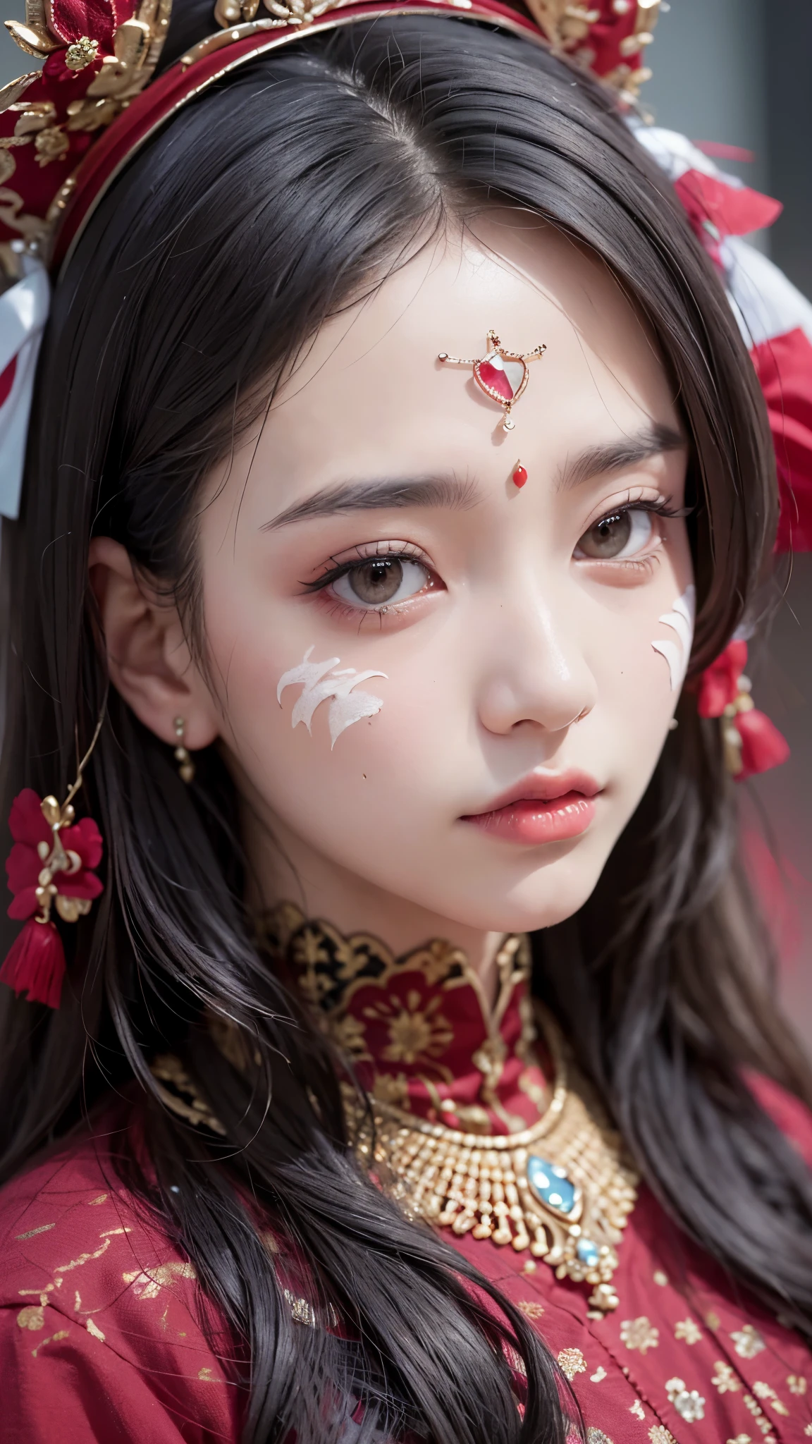 (masterpiece\_portrait, distinct, distinct\_image, highres, high\_resolution, high\_quality, high\_quality\_anime, super\_detail, hyper\_detail, ultra high definition, Super facial detail, face art, 알굴 make-up, pale face, red lips, forehead make-up, 눈 make-up, intricate pattern on face, 8k, 1\_person, face enlargement, Chinese makeup, Japanese anime makeover, exquisite make-up, art, art, painting on face, face art, Demon Slayer's Blade, Akaza, fixing your