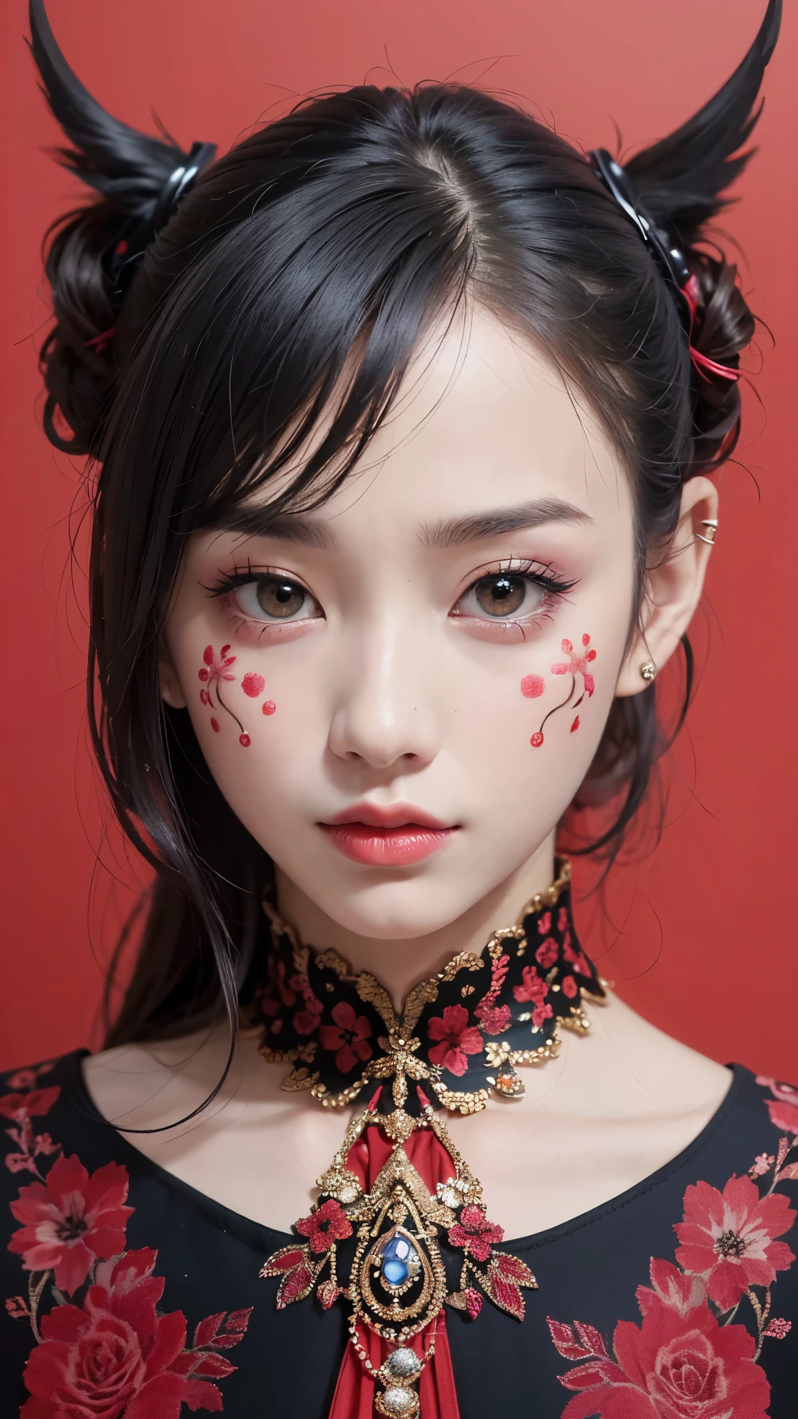 (masterpiece\_portrait, distinct, distinct\_image, highres, high\_resolution, high\_quality, high\_quality\_anime, super\_detail, hyper\_detail, ultra high definition, Super facial detail, face art, 알굴 make-up, pale face, red lips, forehead make-up, 눈 make-up, intricate pattern on face, 8k, 1\_person, face enlargement, Chinese makeup, Japanese anime makeover, exquisite make-up, art, art, painting on face, face art, Demon Slayer's Blade, Akaza, fixing your