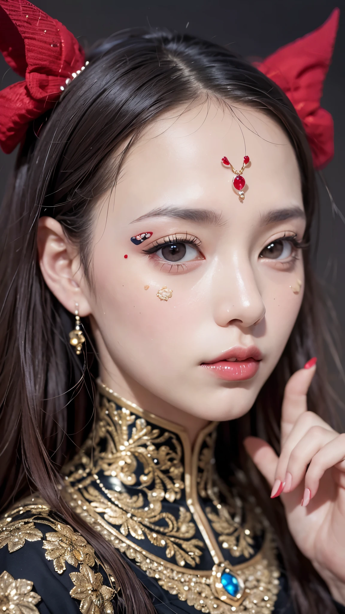 (masterpiece\_portrait, distinct, distinct\_image, highres, high\_resolution, high\_quality, high\_quality\_anime, super\_detail, hyper\_detail, ultra high definition, Super facial detail, face art, 알굴 make-up, pale face, red lips, forehead make-up, 눈 make-up, intricate pattern on face, 8k, 1\_person, face enlargement, Chinese makeup, Japanese anime makeover, exquisite make-up, art, art, painting on face, face art, Demon Slayer's Blade, Akaza, fixing your