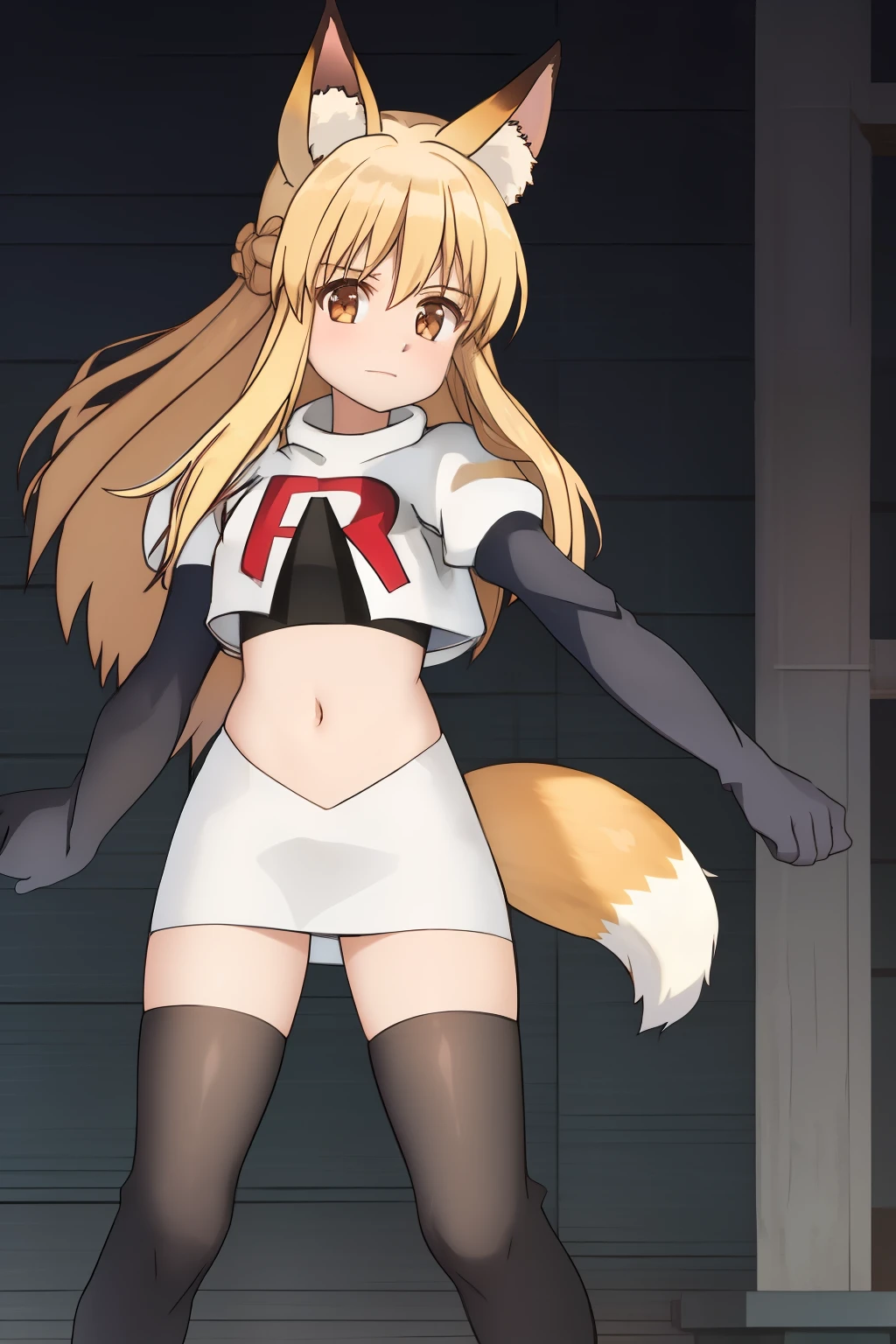 nina, 1girl, solo, long_hair, looking_at_viewer, bangs, blonde_hair, animal_ears, brown_eyes, yellow_eyes, animal_ear_fluff, fox_ears, sleeveless_kimono, team rocket,team rocket uniform, red letter R, white skirt,white crop top,black thigh-highs ,black elbow gloves