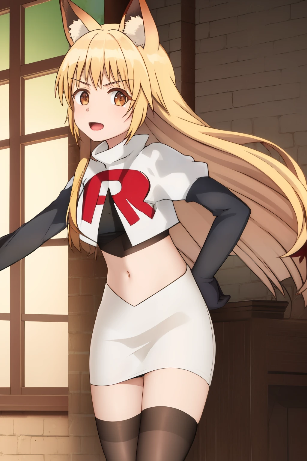 nina, 1girl, solo, long_hair, looking_at_viewer, bangs, blonde_hair, animal_ears, brown_eyes, yellow_eyes, animal_ear_fluff, fox_ears, sleeveless_kimono, team rocket,team rocket uniform, red letter R, white skirt,white crop top,black thigh-highs ,black elbow gloves
