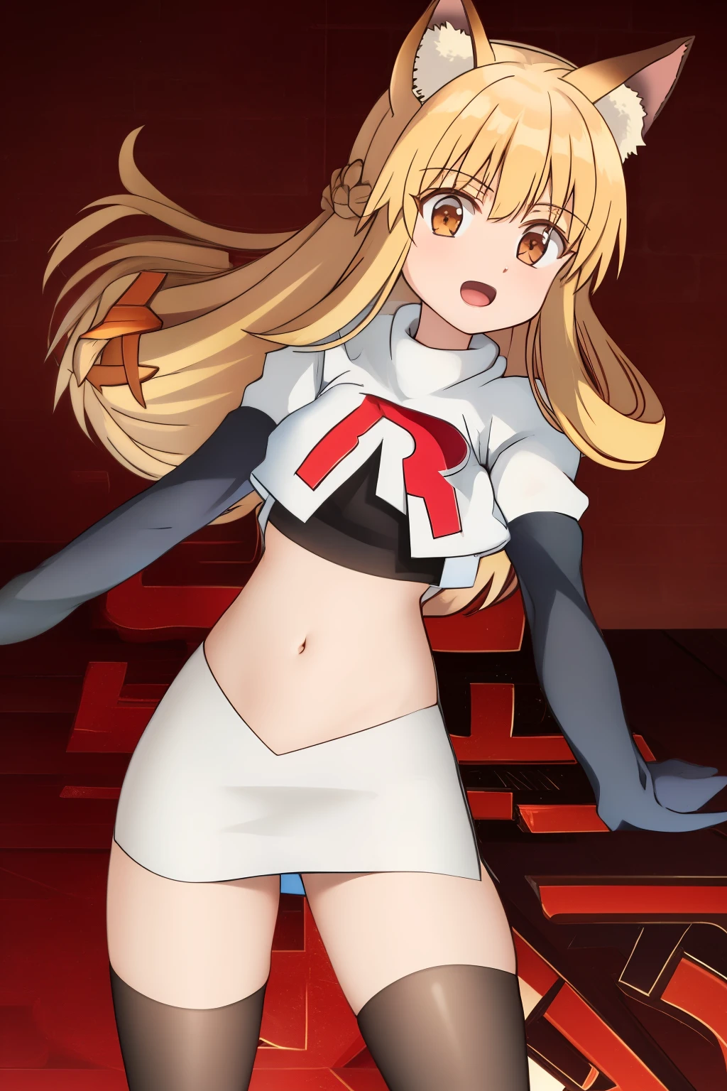 nina, 1girl, solo, long_hair, looking_at_viewer, bangs, blonde_hair, animal_ears, brown_eyes, yellow_eyes, animal_ear_fluff, fox_ears, sleeveless_kimono, team rocket,team rocket uniform, red letter R, white skirt,white crop top,black thigh-highs ,black elbow gloves