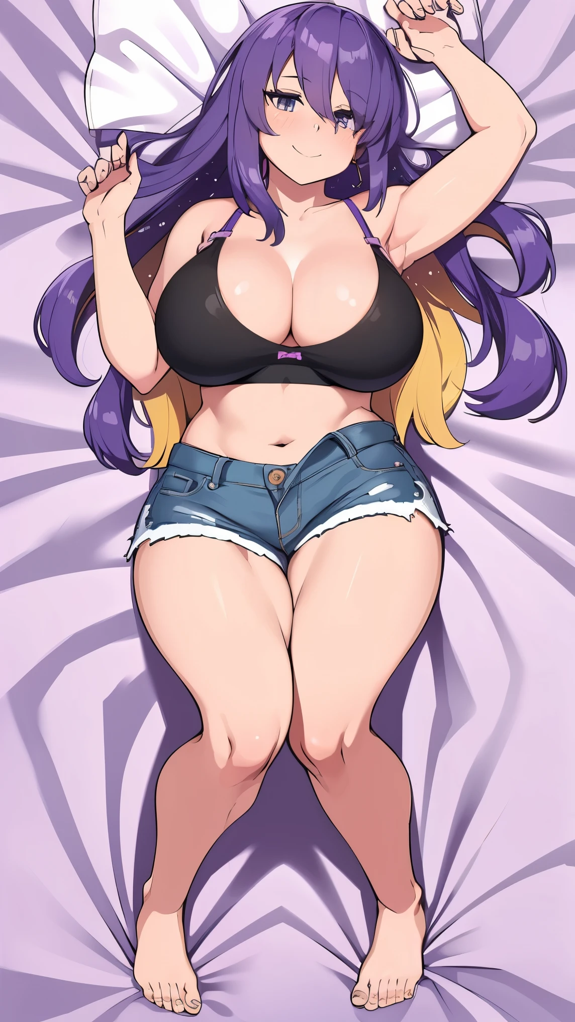 Bigboobs,long purple hair,lying down on bed,smile,dakimakura,thicc thight,sport bra,short denim,full body view,far,150cm lenght dakimakura