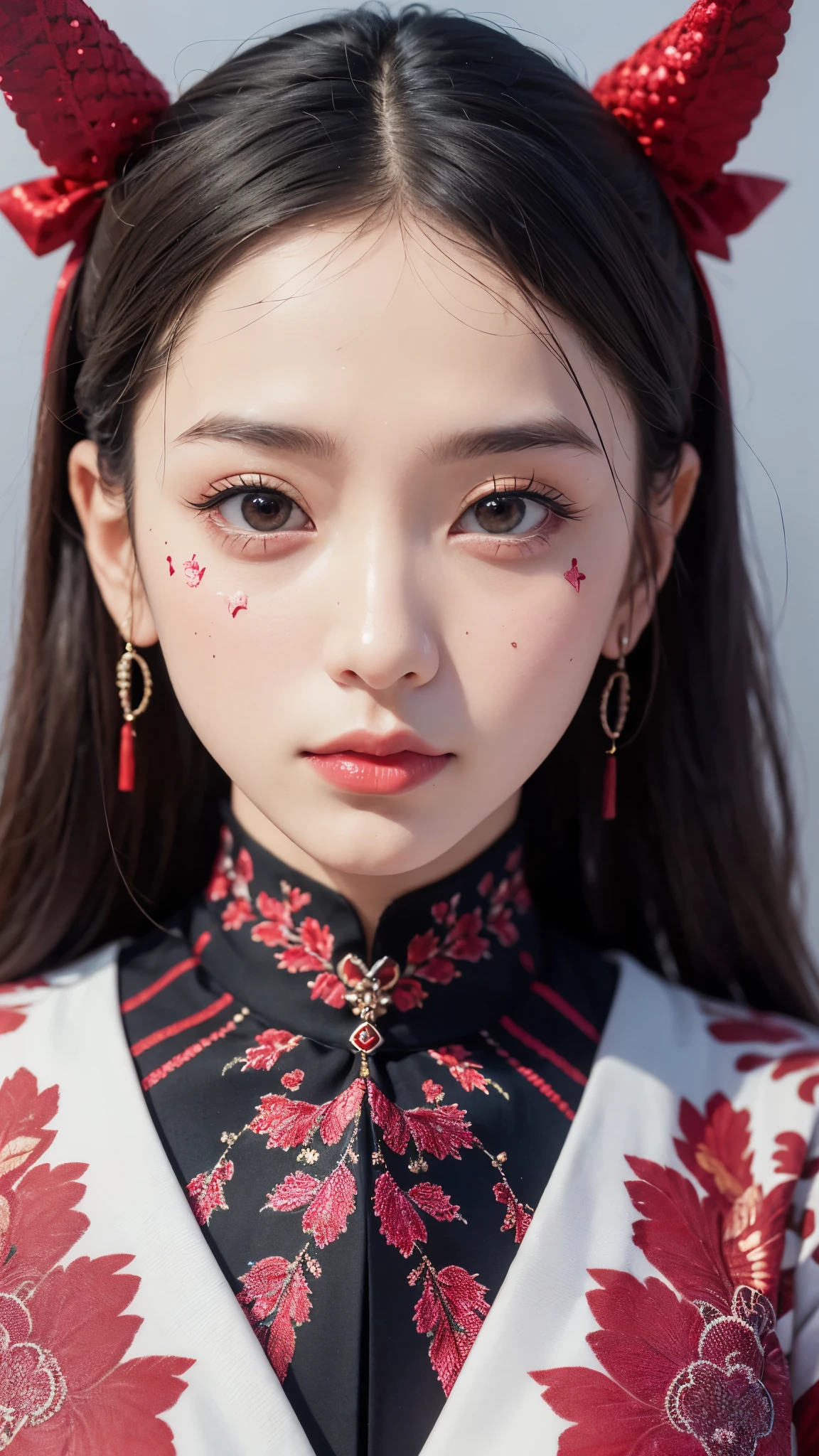 (masterpiece\_portrait, distinct, distinct\_image, highres, high\_resolution, high\_quality, high\_quality\_anime, super\_detail, hyper\_detail, ultra high definition, Super facial detail, face art, 알굴 make-up, pale face, red lips, forehead make-up, 눈 make-up, intricate pattern on face, 8k, 1\_person, face enlargement, Chinese makeup, Japanese anime makeover, exquisite make-up, art, art, painting on face, face art, Demon Slayer's Blade, Akaza, fixing your