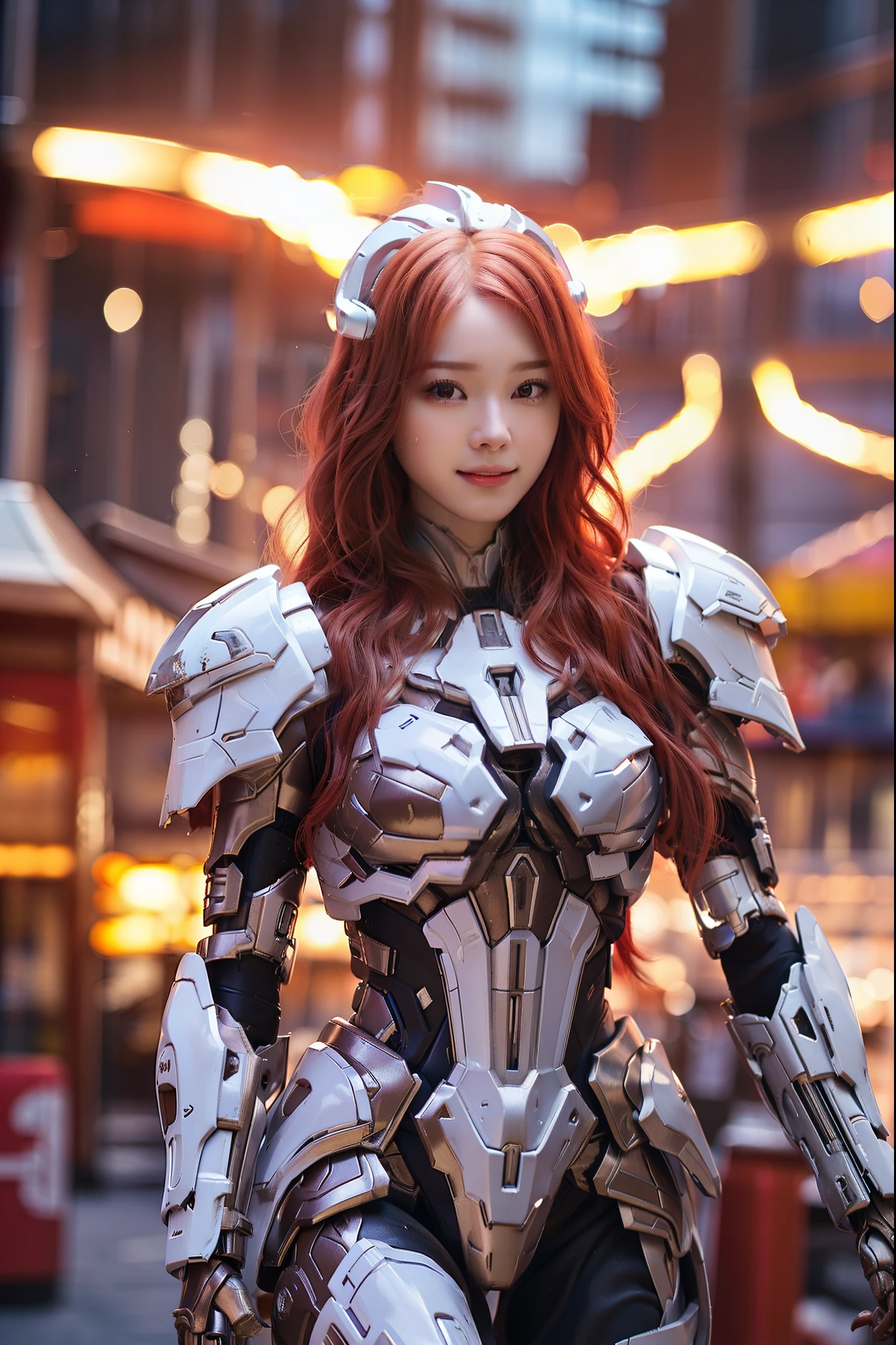 Cloudy in the sky background, flying in futuristic armor, 25 year old beautiful woman, Very long hair, red hair, Hyper realistic, 8K, Bokeh, beautiful smiling face huge breasts, walking towards the viewer,dynamic pose