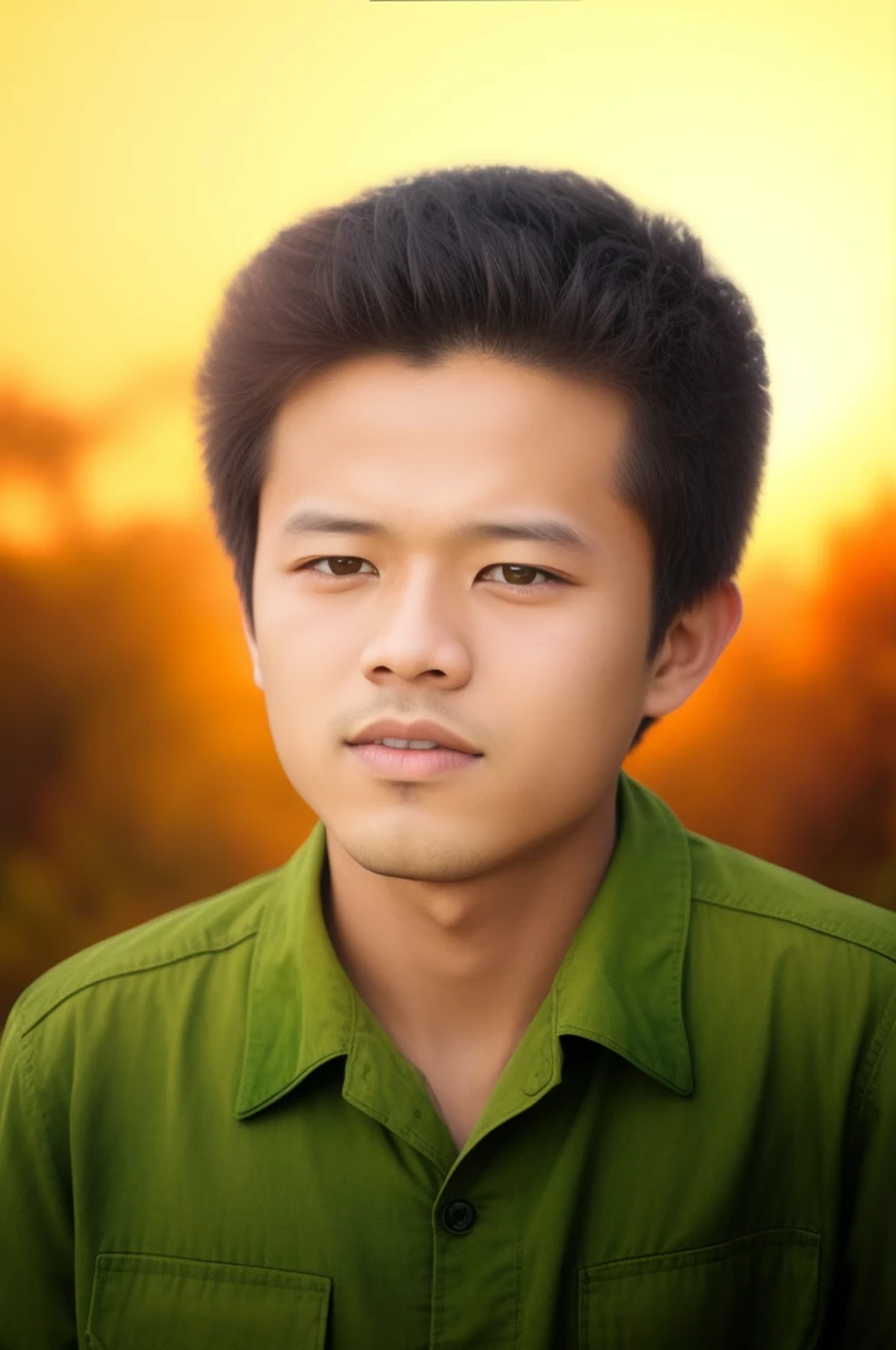 il y a un jeune homme avec une chemise verte et un ciel jaune, photoshopped, photosespérées, digital art but photo, inspired by'Oka Yasutomo, Dessiné avec Photoshop, Anton, ramil sunga, Digital photography, photo-shopped, portrait en couleur, edited in Photoshop, (((Luc Chueh))), one head, un seul portrait, une photo colorisée, colorized background