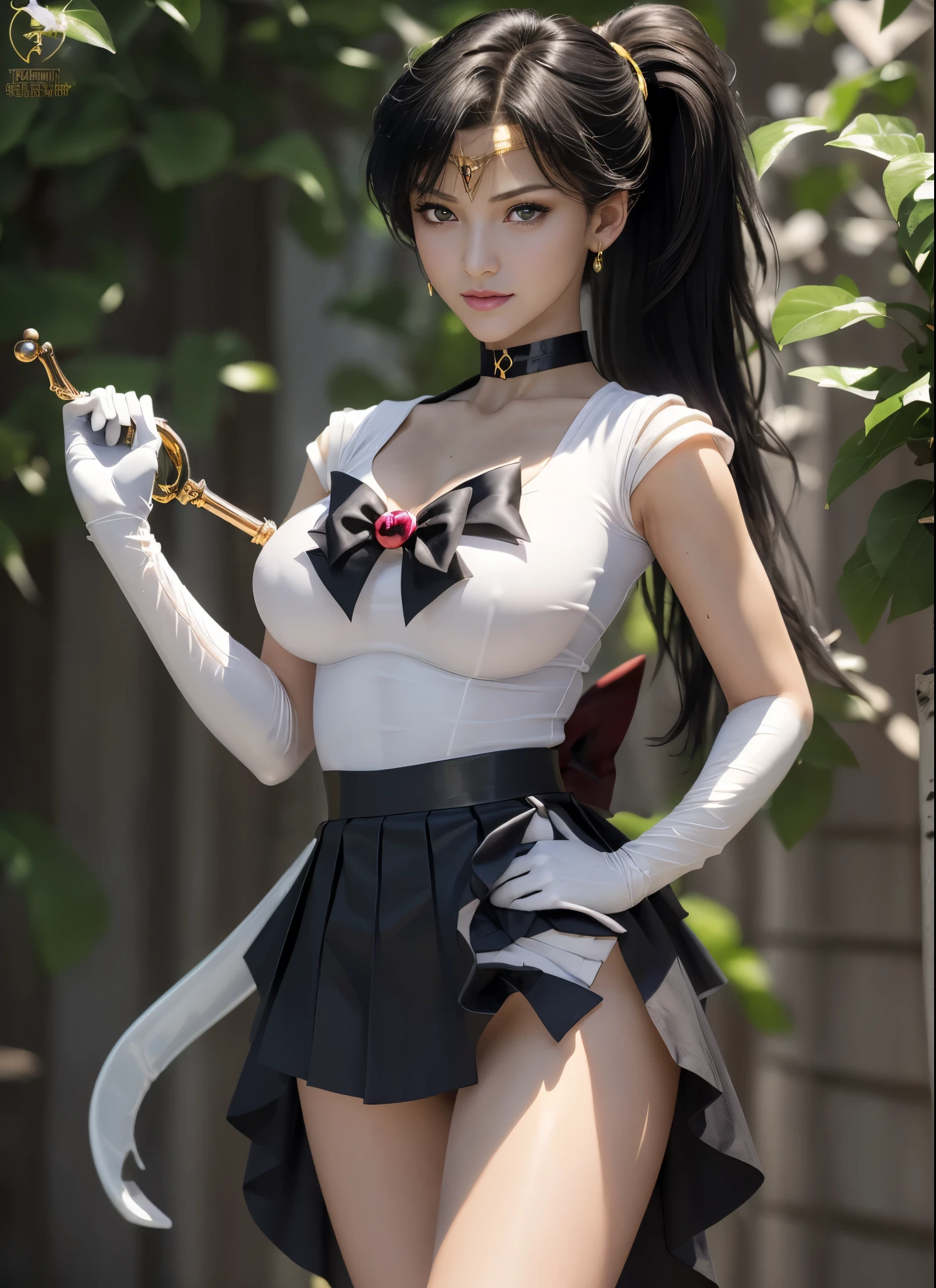 masterpiece、3D、realistic、super micro photography、Detailed and highest quality、Super detailed CG Unity 8k wallpaper、full:1.3、stand、from below、showing white panties、intricate details、(1 female,housewife)、、dynamic english、((A gorgeous golden tiara on the forehead:1.4、Metallic black pleated mini skirt:1.2、pregate mini skirt:1.3、Huge red bow on the chest:1.2、black gloves on elbows:1.1、black big collar、black sailor collar、Red brooch))、(red eyes,SetsunaMeiou
hair_good,
Meisha Onfu)、(Sailor Pluto Single Hairpan
Tiara sailor warrior uniform Skirt Gloves),((single ponytail)),luxury gold decoration, incredibly long dark green hair:1.2、Shiny beautifull straight long dark green hair,:1.2、Sailor Pluto uniform, (sailor warrior uniform、bare upper arm:1.2、No sleeve,Long white latex gloves with luxurious gold decoration:1.3、very large pink ribbon on the back of the waist,:1.1、green choker、 The cleavage is sexy and boldly large、gold ring earrings,Shiny black long knee-high boots with luxurious gold embellishments)、(Extremely thin and fitted high gloss white holographic leather:1.3,Bold sexy slender white high leg gravette swimsuit)、staff, holding_staff, Key chain accessories at waist,((combat readiness))、has a huge key wand,
((black skin:1.2,enchanting smile、very pretty face、facial details:1.5、bright red eyes、A beautifull face、beautidfull eyes、shining eyes、thin lips:1.3、thin and sharp pale eyebrows,、long and thick eyelashes、double eyelashes))、gorgeous giant white wing muscles:1.2、 muscular abs:1.2、small face、huge breasts、高身長でグラマラスな完璧なProfessionalポーション、big breasts thin waist、big ass,sexy model posing、visible pores、perfect hands:1.5、octane rendering、very dramatic picture、strong natural light、sunlight、exquisite light and shadow、dslr harp、concentrated:1.0、maximum clarity and sharpness、(dynamic lightning background:1.3、divinity of the underworld,divinity of space and time,Lightning space background, Pluto、moon明かり、moon、moving background、detailed background)One girl that will take your breath away, (sailor warrior uniform), . award-winning, Professional, very detailed