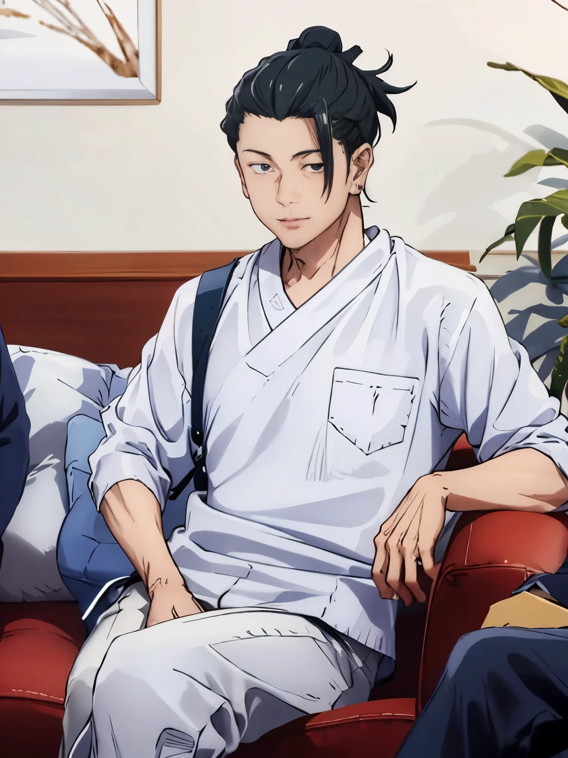 1boy,Geto suguru, white shirt, sitting on a red sofa, hair tied,