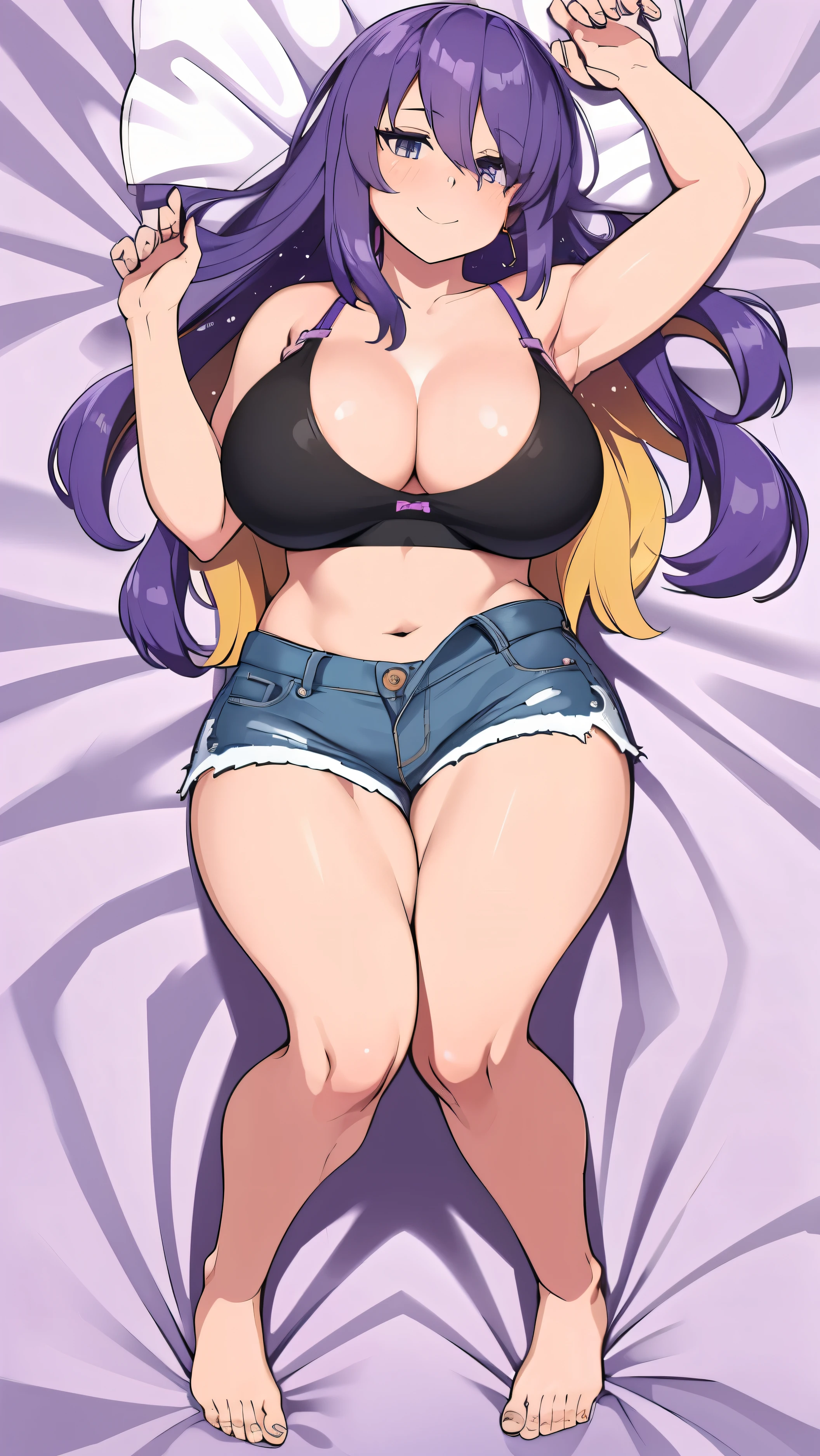 Bigboobs,long purple hair,lying down on bed,smile,dakimakura,thicc thight,sport bra,short denim,full body view,far,150cm lenght dakimakura