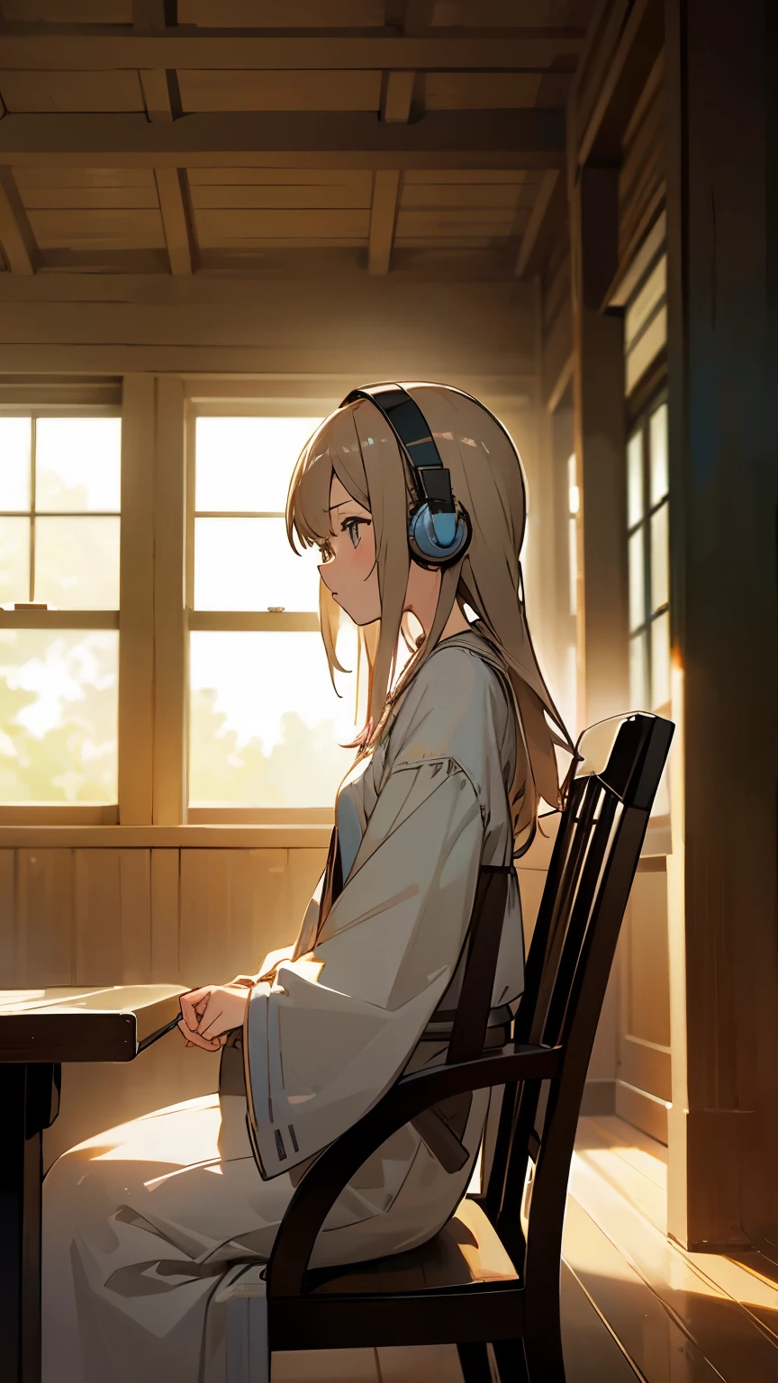 pretty girl、Listening to music、Calm atmosphere、profile、sitting in a chair、inside the house、wood house、anime、wearing headphones
