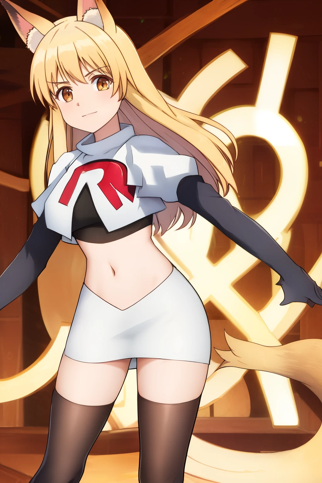 nina, 1girl, solo, long_hair, looking_at_viewer, bangs, blonde_hair, animal_ears, brown_eyes, yellow_eyes, animal_ear_fluff, fox_ears, sleeveless_kimono, team rocket,team rocket uniform, red letter R, white skirt,white crop top,black thigh-highs ,black elbow gloves